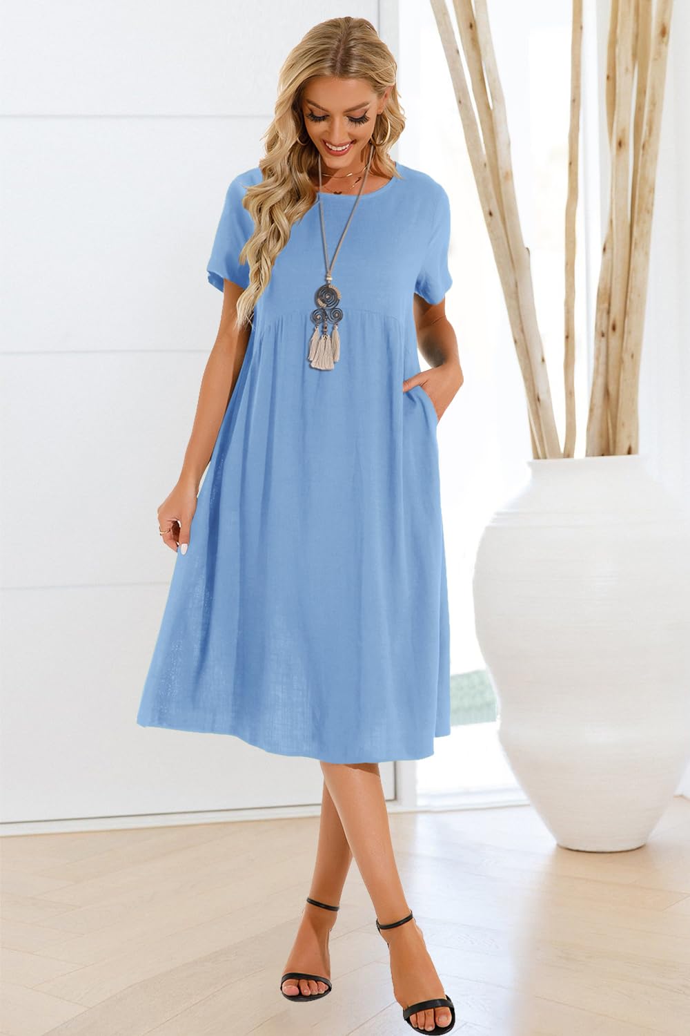 Abito estivo da donna in lino, casual, con scollo a V, a maniche corte, linea ad A, senza accessori, E blu., M