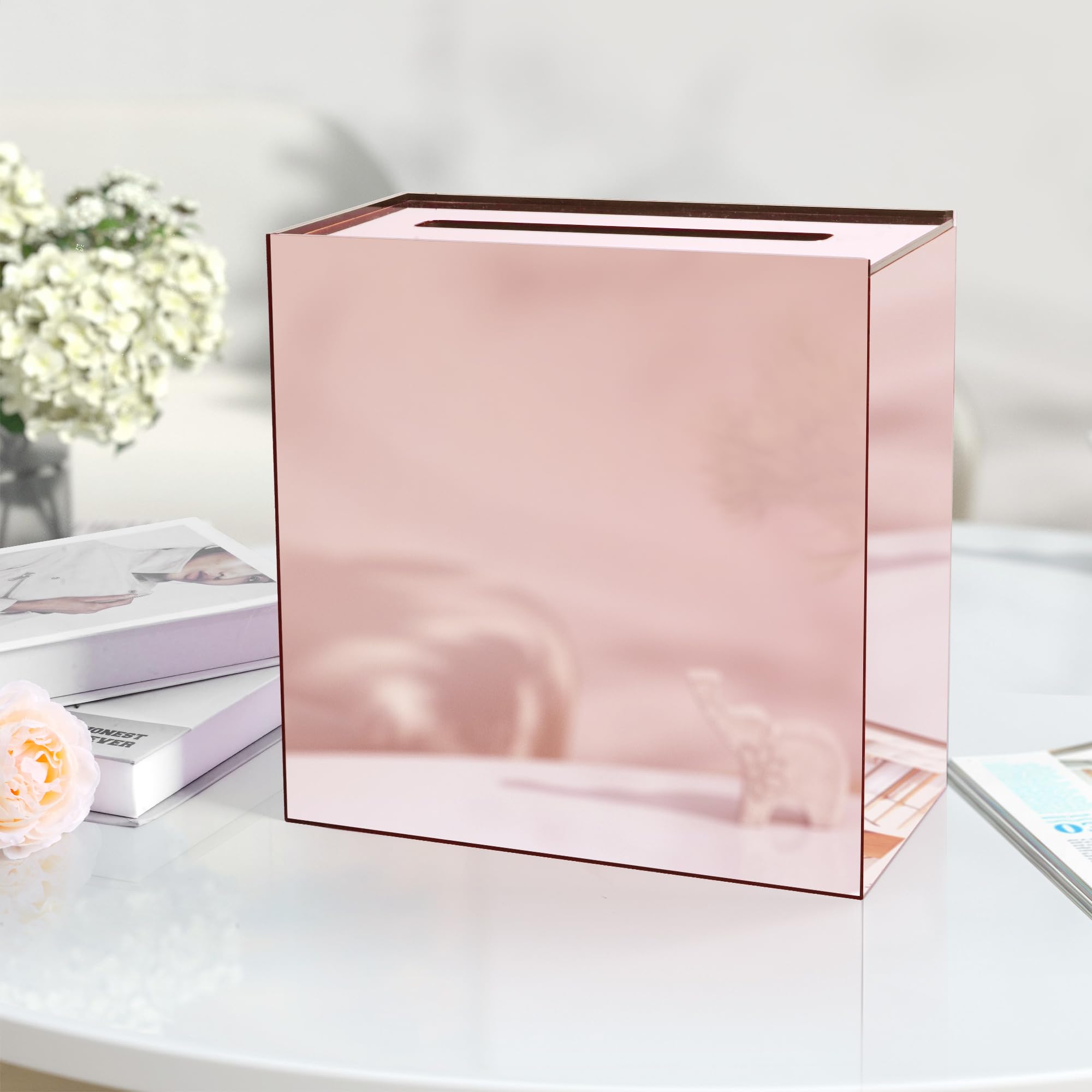 lesolar Acrylic Card Box - 10’’ Rose Gold Wedding Card Box - DIY Card Box for Wedding Birthday Party Graduation Reception Wishing, 10x10x5 in
