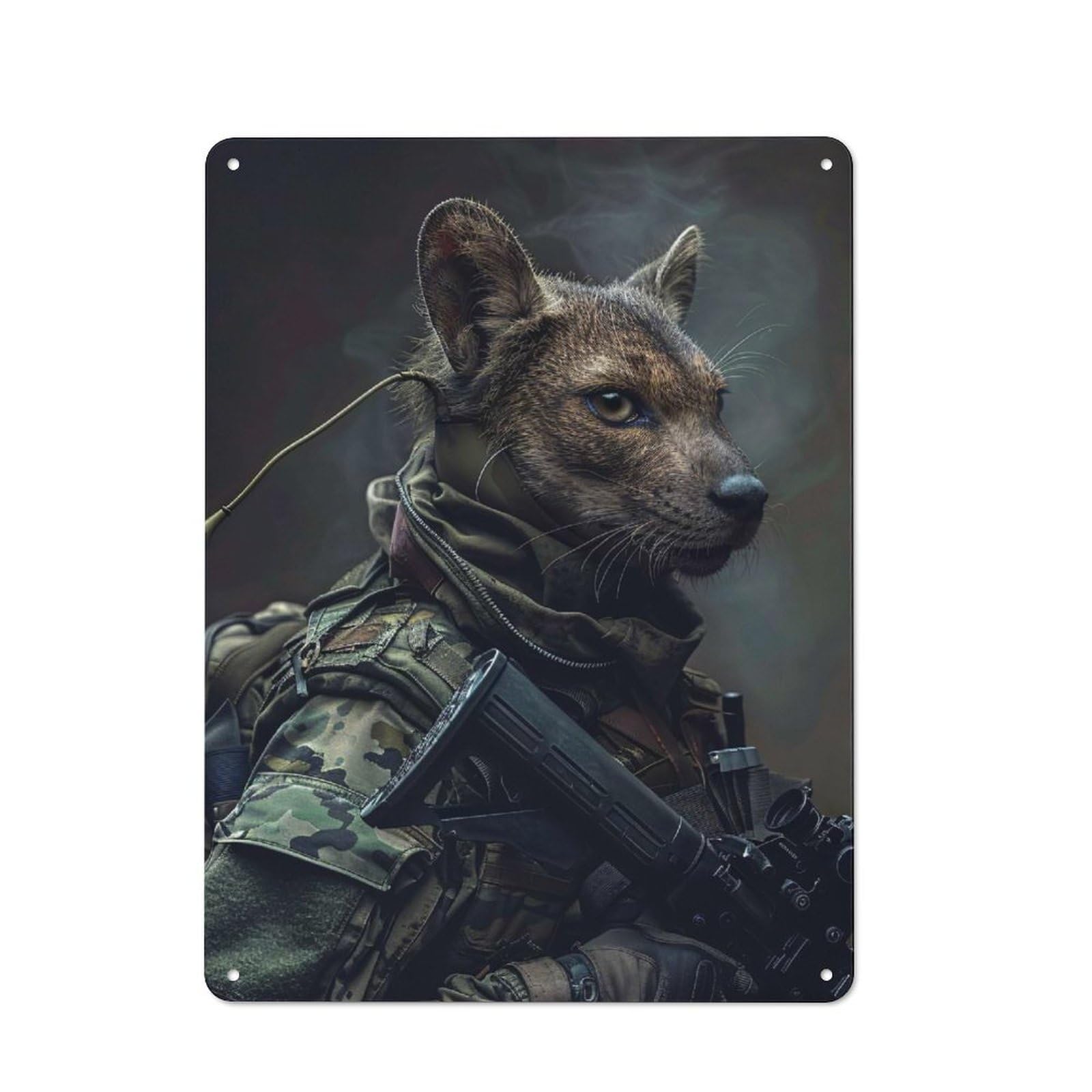 Junmoney Style-21 Anthropomorphic Fox Soldier With Rifle Vintage Metal Plaque 40X30cm For Hobby Room Or Studio, Suited To Hobby Room Decor Fans