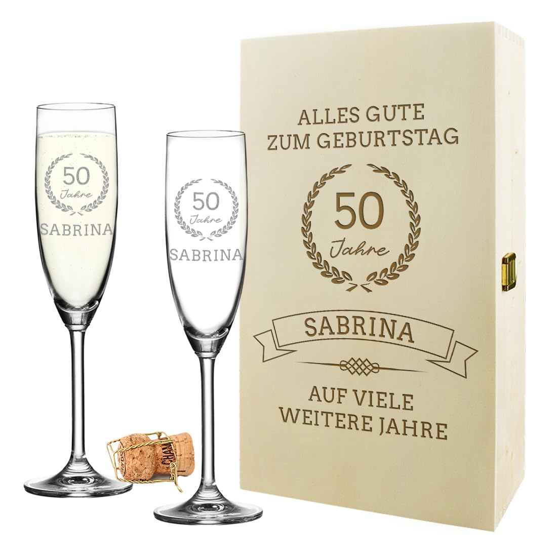 polar-effekt 3-teiliges Set Sektgläser & Holzbox mit personalisierter Gravur - beinhaltet 2 Gläser & Kiste aus Fichtenholz - Geschenk zum Geburtstag & Jubiläum