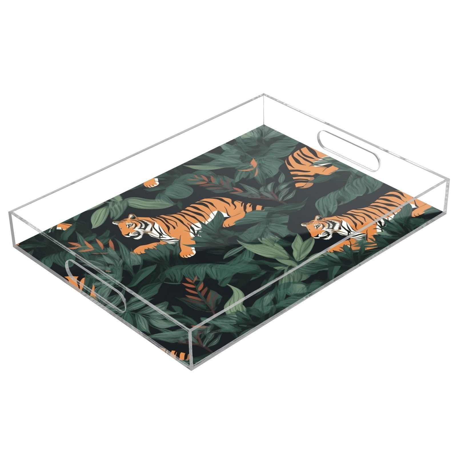 Bandejas acrílicas transparentes con asas, bandeja de café acrílica de 12 x 16 pulgadas, bandeja de café acrílica verde personalizada con patrón de tigres a prueba de derrames