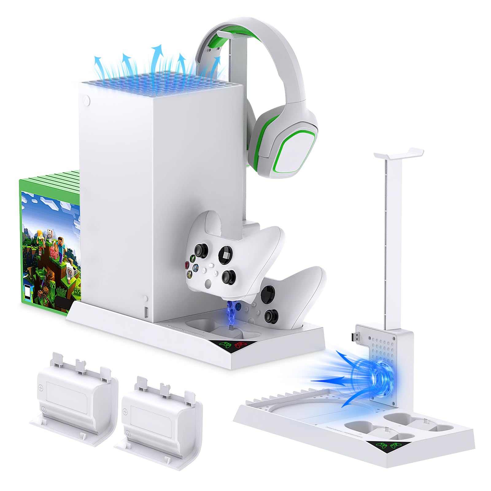 Charging Stand with Cooling Fan for Xbox Series X Console & Controller,Vertical Dual Charger Station Dock Accessories with 2x 1400mAh Rechargeable Battery & Cover,Headset Stand & 10 Game Slots