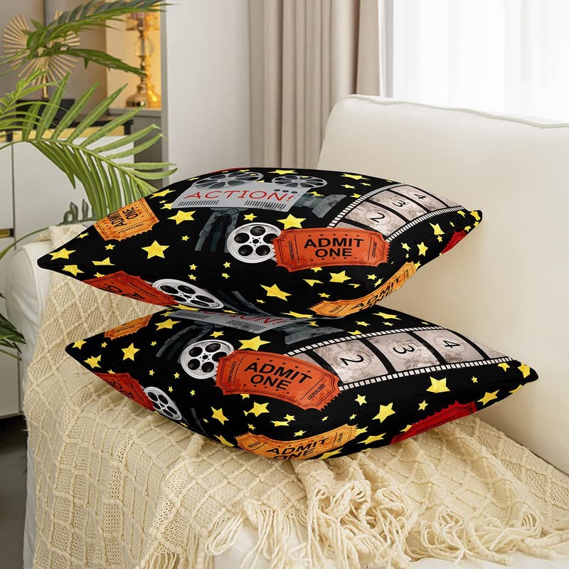 Movie Theater Square Cushion Covers Set of 4 Movie Action Family Time Pillow Covers Home Decor Cinema Poster Film Reversible Throw Pillow Covers for Kids Old Fashion Home Decor 20 x 20-Inch