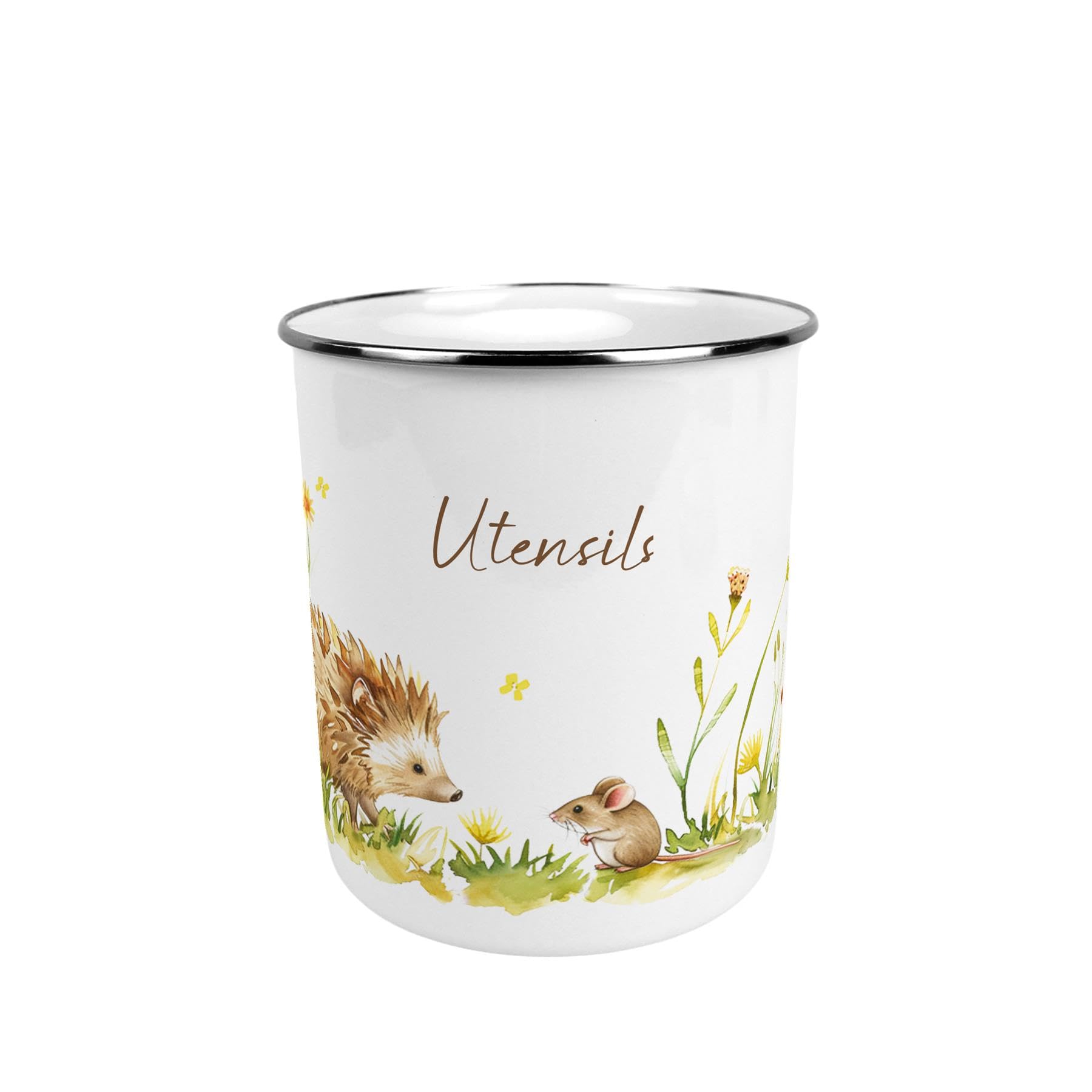 Purely Home Hedgehog & Mouse Large Metal Utensil Pot - Stylish Wildlife Animals Tin Kitchen Utensil Holder/Organiser for Countertop - 15cm(h) x 14cm(dia.)