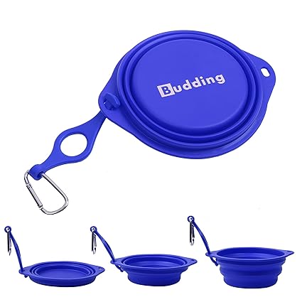 BUDDING Collapsible Dog Bowl with Bottle Holder ? Premium Quality Dog Bowl with Carabiner Clip | Lightweight, Leak Proof, Food Safe | Best for Small, Medium & Large Size Dogs (34oz/1000ml) (Blue)
