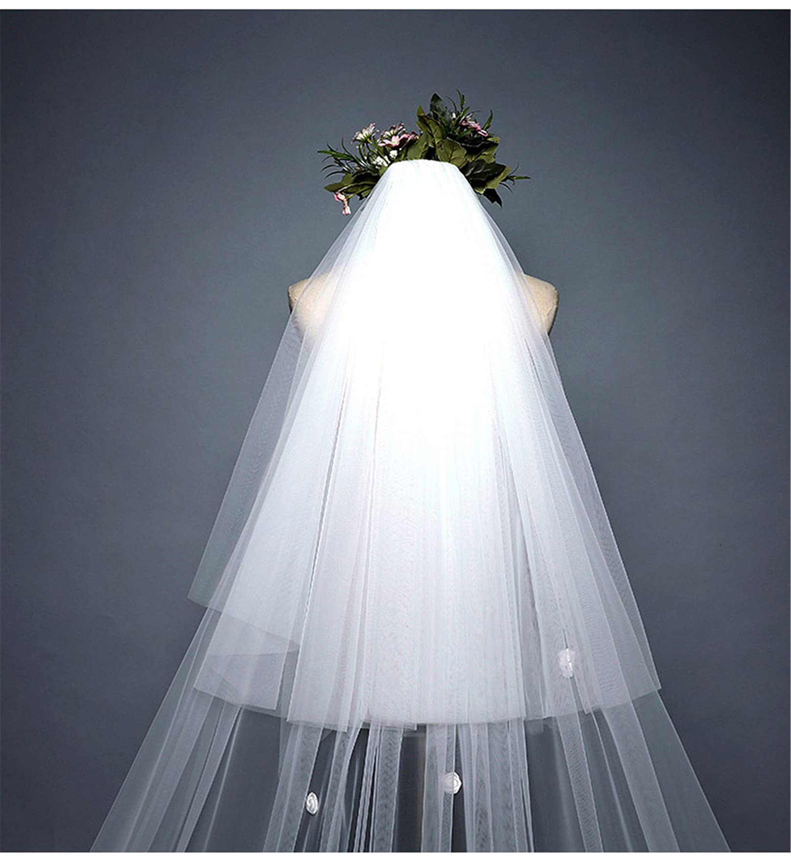 Velo Sposa Che Trascina Lungo Doppio Strato Veli da Sposa Fiore 3D Bordo Pizzo Applique Marry Chapel Accessori per Capelli Elegante Morbido Tulle con Pettine