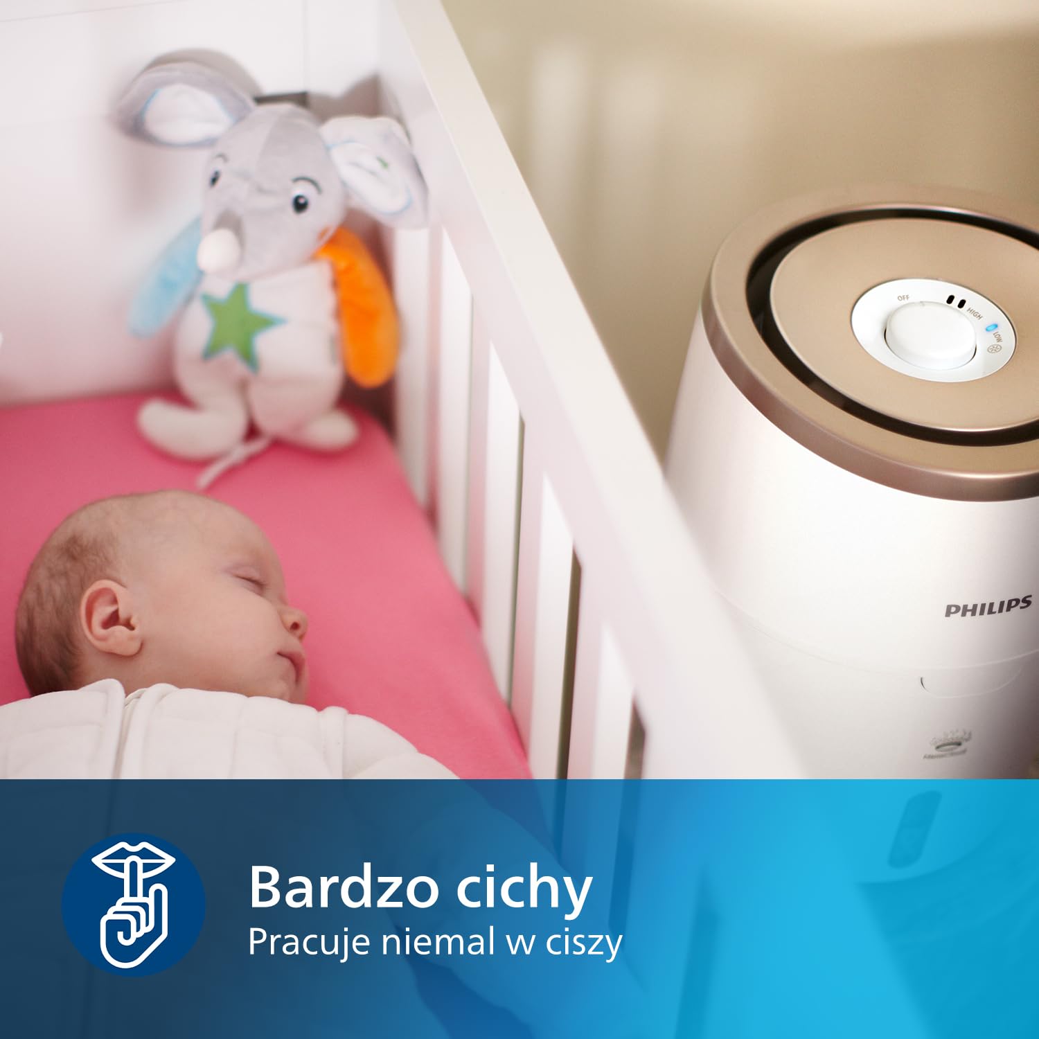 Philips Nawilżacz Powietrza Serii 2000, Nawilża Pomieszczenia do 38 m², Technologia NanoCloud, 2 Prędkości, 2l zbiornik na wodę, cichy, kolor biało/kremowy (HU4811/10)
