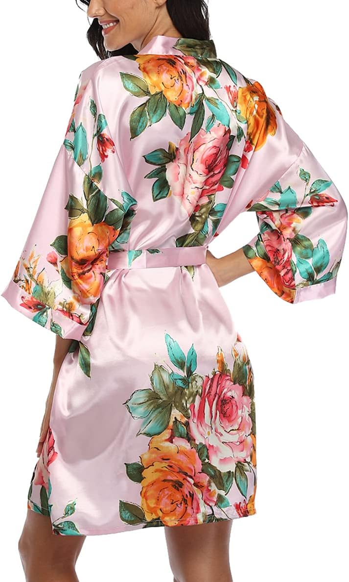 Women's Floral Kimono Robe Short Satin Rose Wedding Dressing Gown Bride Bridesmaid Getting Ready - Image 2