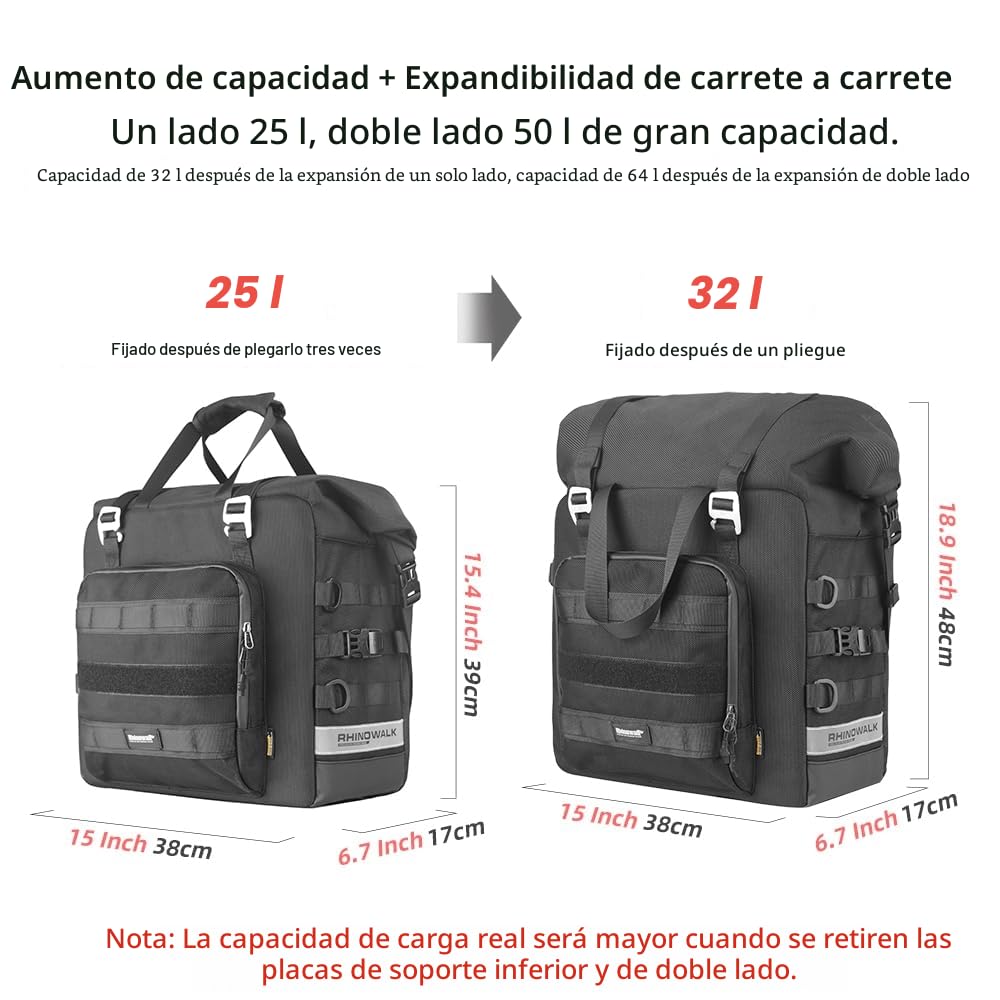 Rhinowalk Bolsas laterales impermeables 25L para moto aventura deportiva negro
