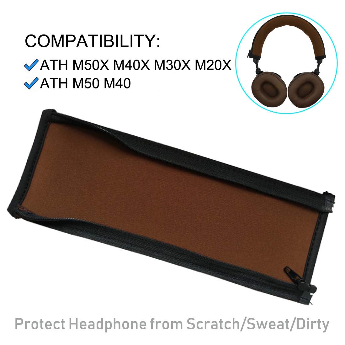 ATH M50 Headband Cover Replacement Headband Protector with Zippe for ATH M50X M50 M40X M40 M30X M20X Headphones Replacement Headband Cushion Pad(Brown + No Tool Needed)
