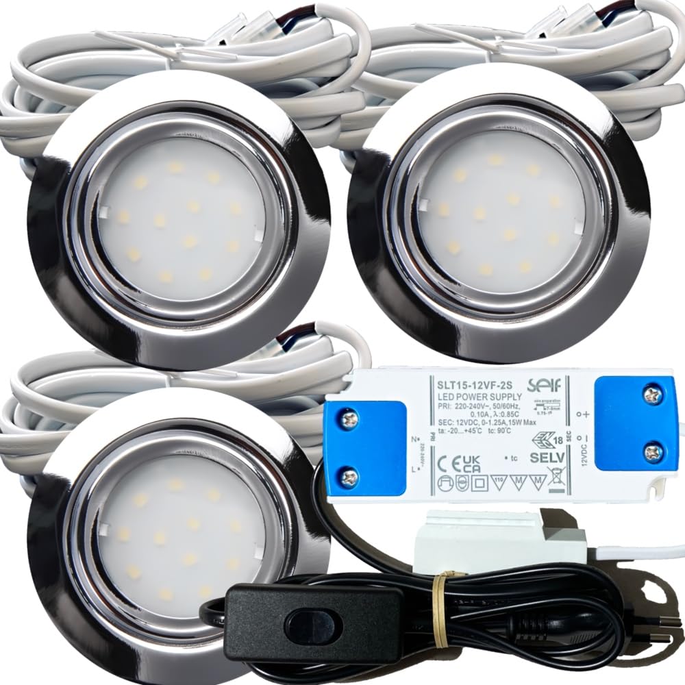 3er Set IP44 LED flache Einbaustrahler New Lina - 12V, 2,4W, Chrom, 200lm, Warmweiß (3000K), inkl. LED-Trafo mit 230V Zuleitung, Netzstecker, Schnurschalter und AMP-Verteiler, Ø 72mm, Bohrloch 54-60mm