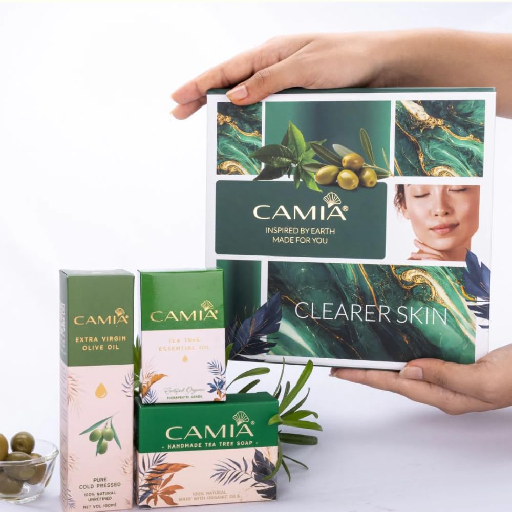CAMIA - 100% Natural & Luxury Clearer Skin Gift Set For Women & Men | Tea Tree Essential Oil, 15 Ml + Cold Pressed Olive Oil, 100 Ml + Handmade Tea Tree Soap - Gift Box Set | Ideal For Dry & Oily Skin-image-20