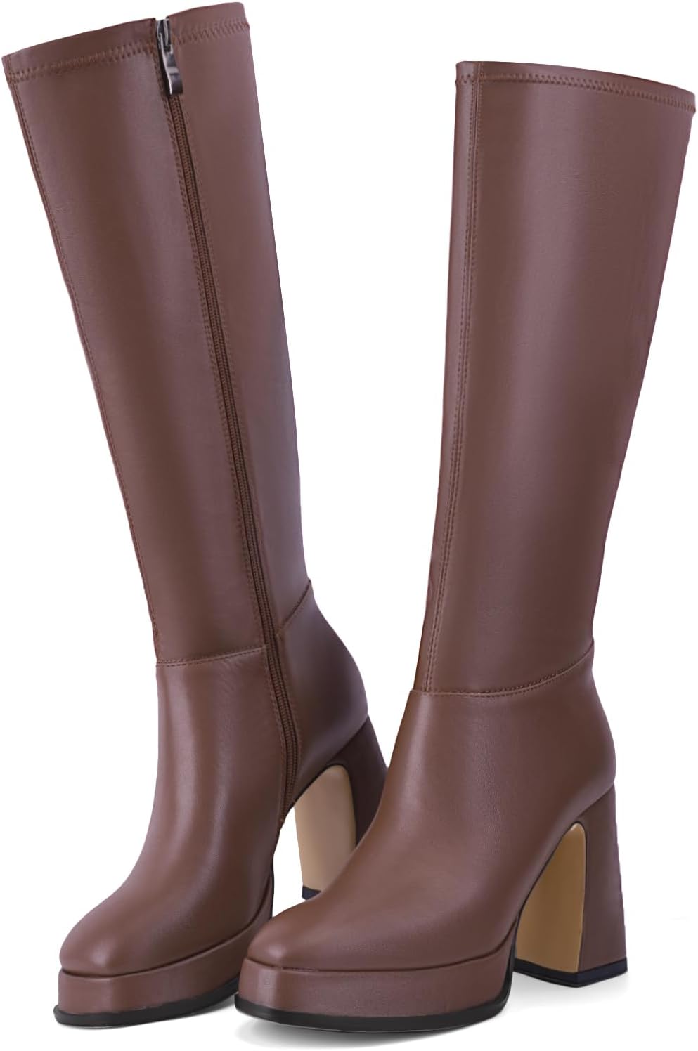 QIV Platform Knee High Boots for Women Square Toe Chunky Block Heel Tall Gogo Boots with Zipper