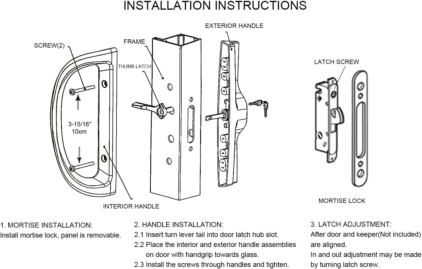 ALLYWASAI Patio Sliding Door Handle Set with Mortise Lock, Key Cylinder and Face Plate, Full Replacement Handle Lock Set Fits Door Thickness from 1-1/2" to 1-3/4", 3-15/16" Screw Hole Spacing, Black