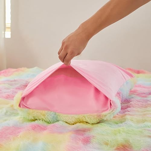 Miniatura 46 de SUCSES Faux Fur Duvet Cover Set Twin Size, Tie Dye Rainbow Plush Shaggy Girls Bedding Set, Soft Velvet Fluffy Fuzzy Ombre Comforter Cover Set