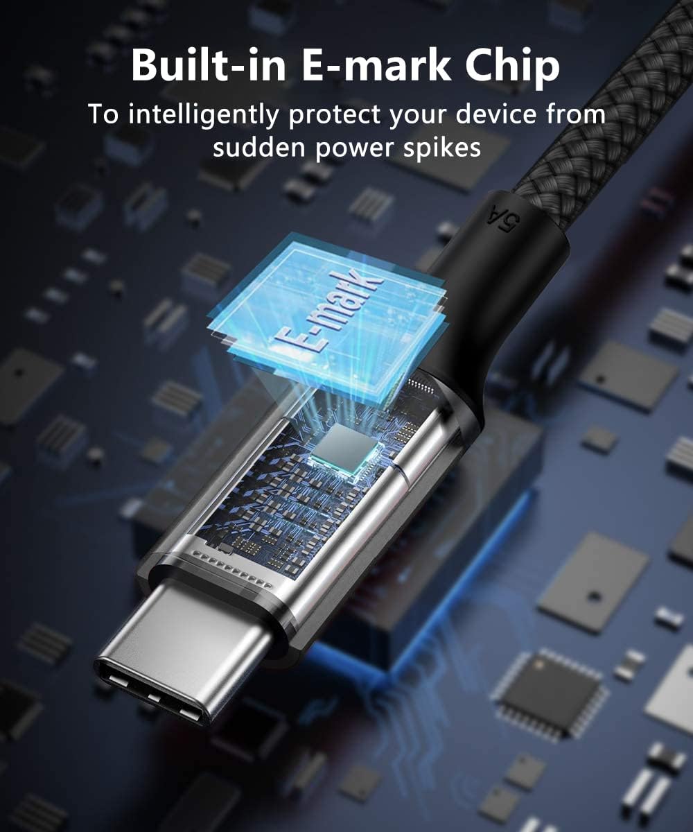Close-up of a USB-C cable connector showing the internal E-mark chip for intelligent power protection.