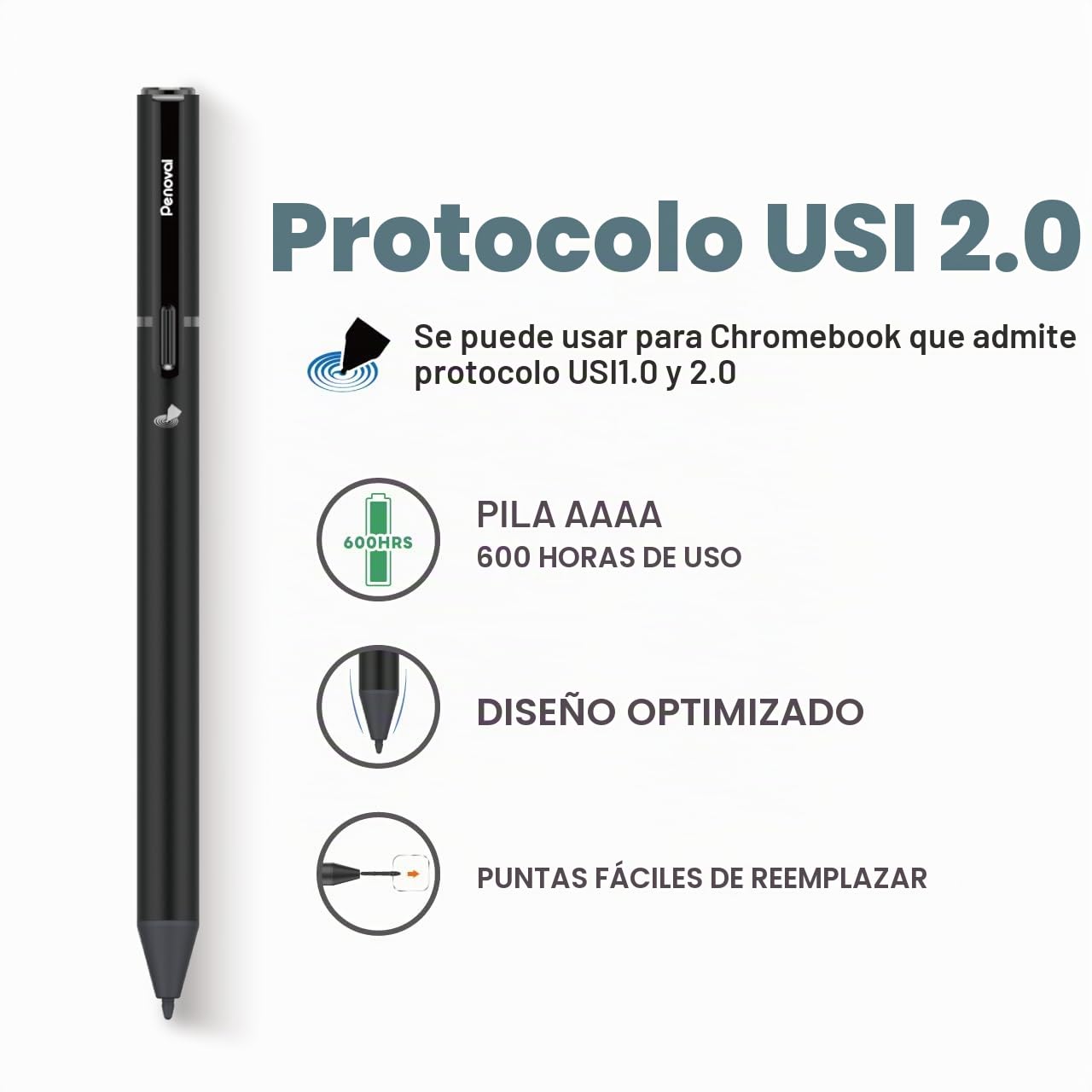 Penoval USI 2.0 Lite Stylus Pen 4096 Niveles de Presión Escritura Suave Compatible con Google Pixel Tablet, Amazon Fire Max 11, ASUS Flip CX5/CM3, Lenovo Duet | 4096 Niveles de impresión de escritura fluida, lápiz digital activo para Amazon Fire Max 11, A