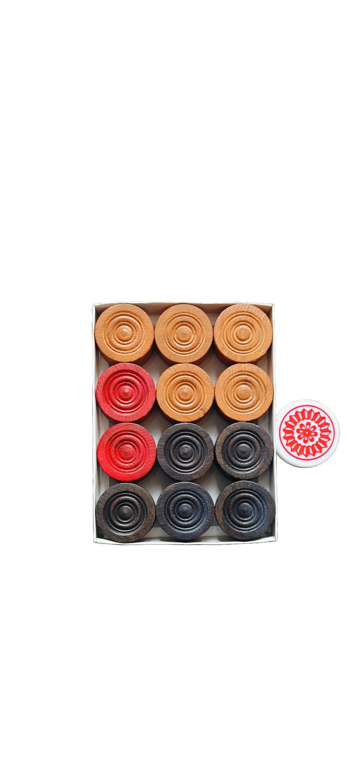 CRAZX Wooden Carrom Coins Set of 24 with 2 Queens, 8mm Striker & 50gm ultrasmooth Carrom Powder 1