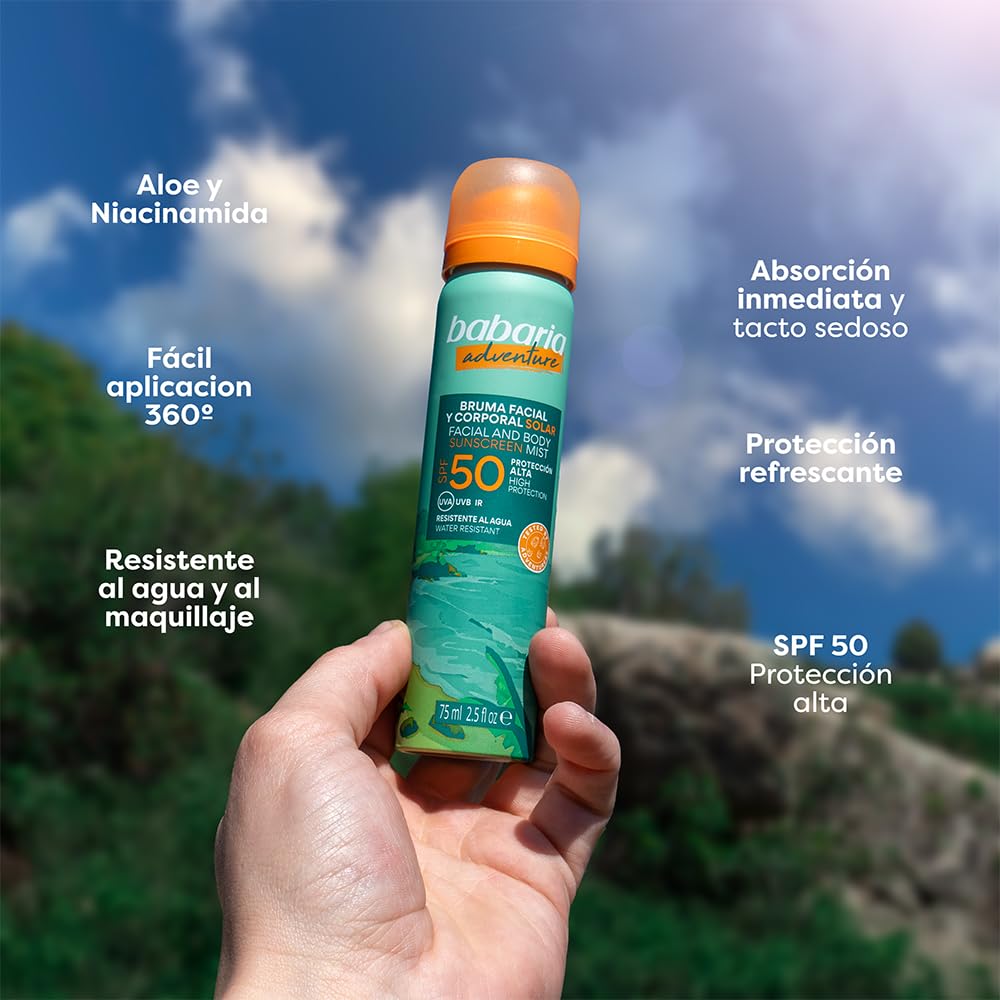 Babaria - Mgiełka do twarzy z filtrem przeciwsłonecznym 50 - limitowana edycja Adventure | Ochrona przeciwsłoneczna na twarz 50 75 ml | Nawilża i chroni aloesem i niacynamidem | Mgiełka Słoneczna o