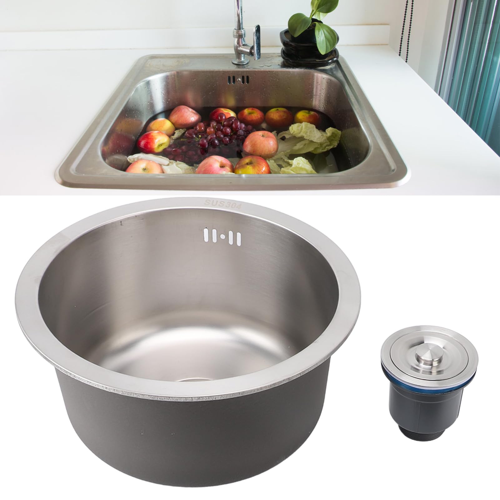 Barspüle aus Edelstahl 304, Gebürstetes Einzelbecken-Küchenspülbecken, 36 Cm Unterbau, Rostfreies Rundes Spülbecken, Anti-Überlauf, Ideal für Küche und Bar