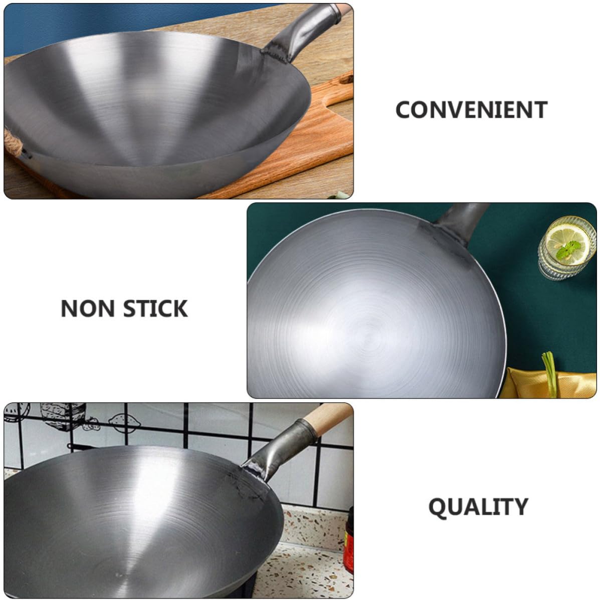 VALICLUD Wok in Ferro Spesso Manico in Legno, Padella Wok Antiaderente Adatta a Cucina a Gas, per Cottura e Barbecue, Mantiene Calore