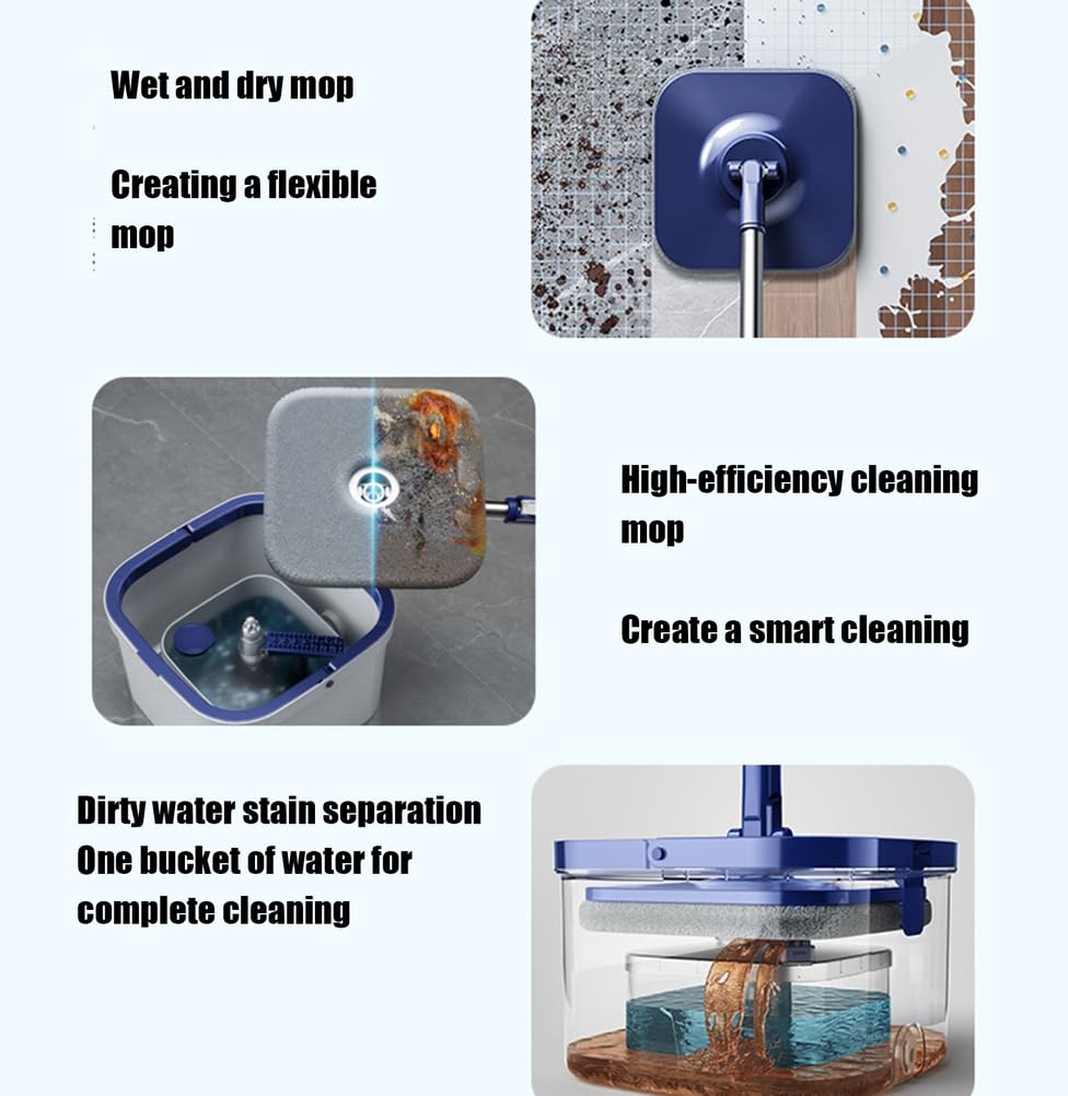 Fregona Cuadrada giratoria con Cubo para Agua Limpia y Sucia, Cabezal Giratorio de 360°, con 2 Almohadillas de Microfibra reemplazables para Suelos de Madera, baldosas y mármol.