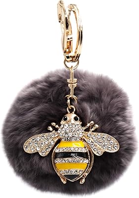 surell Genuine Rex Rabbit Fur Pom Bumble Bee Bling Keychain - Bag Beach Purse Charm - Bumblebee Pocketbook Accessory (Grey)