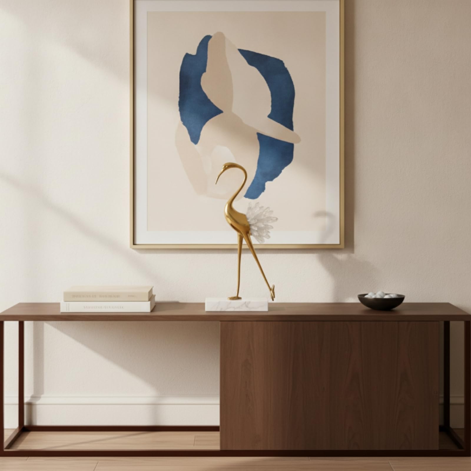F Fityle Escultura Decorativa Estatua Figura Adorno con Texturas de Lujo en Cobre y Cristal Base de Mármol Antideslizante Brillo, Blanco, Grulla Inclinada Central