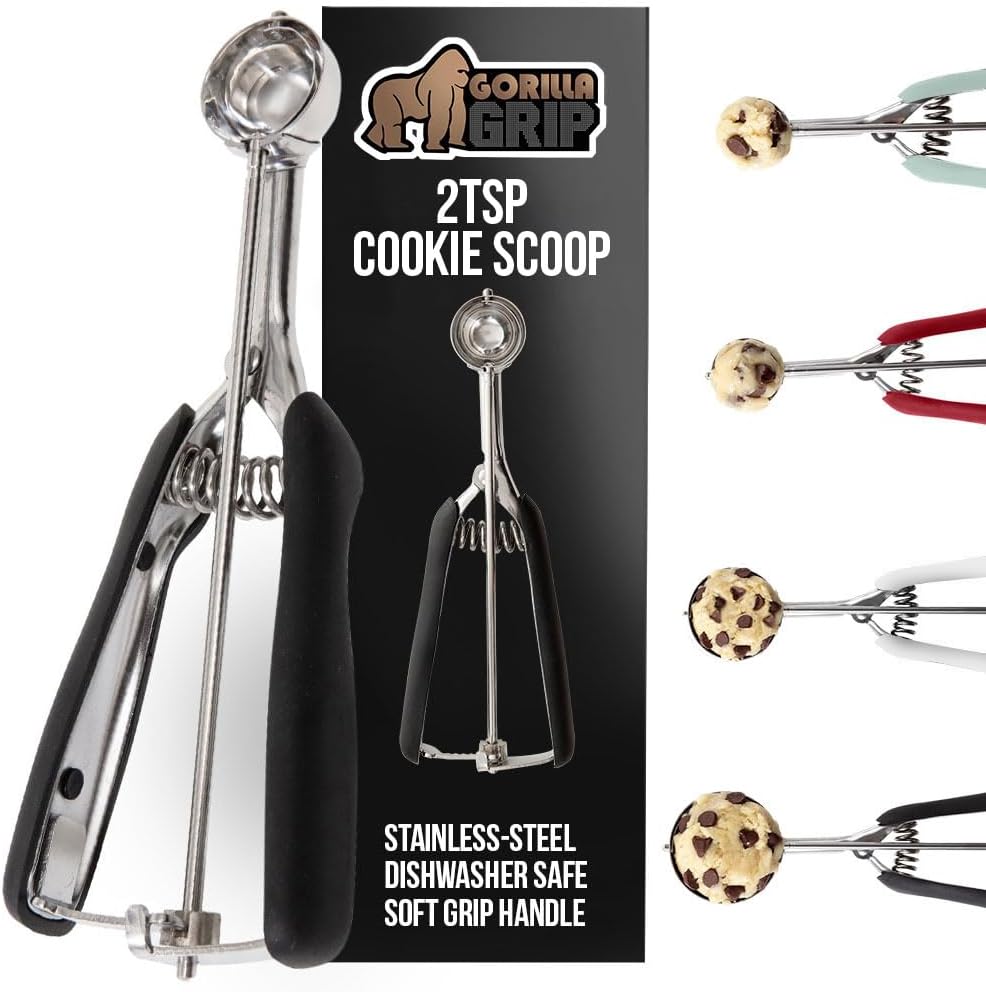 GORILLA GRIP Stainless Steel Cookie Scoop for Baking, 2 TSP, Multipurpose Melon Baller, Meatball Spring Scoops, Perfect Portion Sizes, Easy Food Release, Scooper Size 100, BPA-Free Kitchen Tool, Black GORILLA GRIP Stainless Steel Cookie Scoop for Baking, 2 TSP, Multipurpose Melon Baller, Meatball Spring Scoops, Perfect Portion Sizes, Easy Food Release, Scooper Size 100, BPA-Free Kitchen Tool, Black