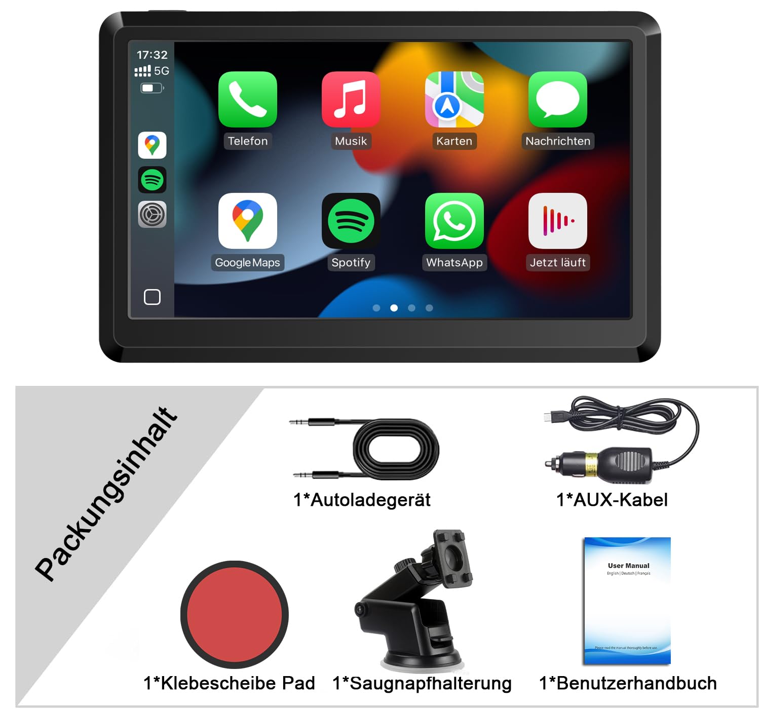 Wireless CarPlay Display, Tragbare Autoradio mit Android Auto,Touchscreen Bildschirm, MirrorLink, Sprachsteuerung, Bluetooth Freisprechen, GPS Navigation, FM, AUX für Auto PKW LKW Wohnmobil