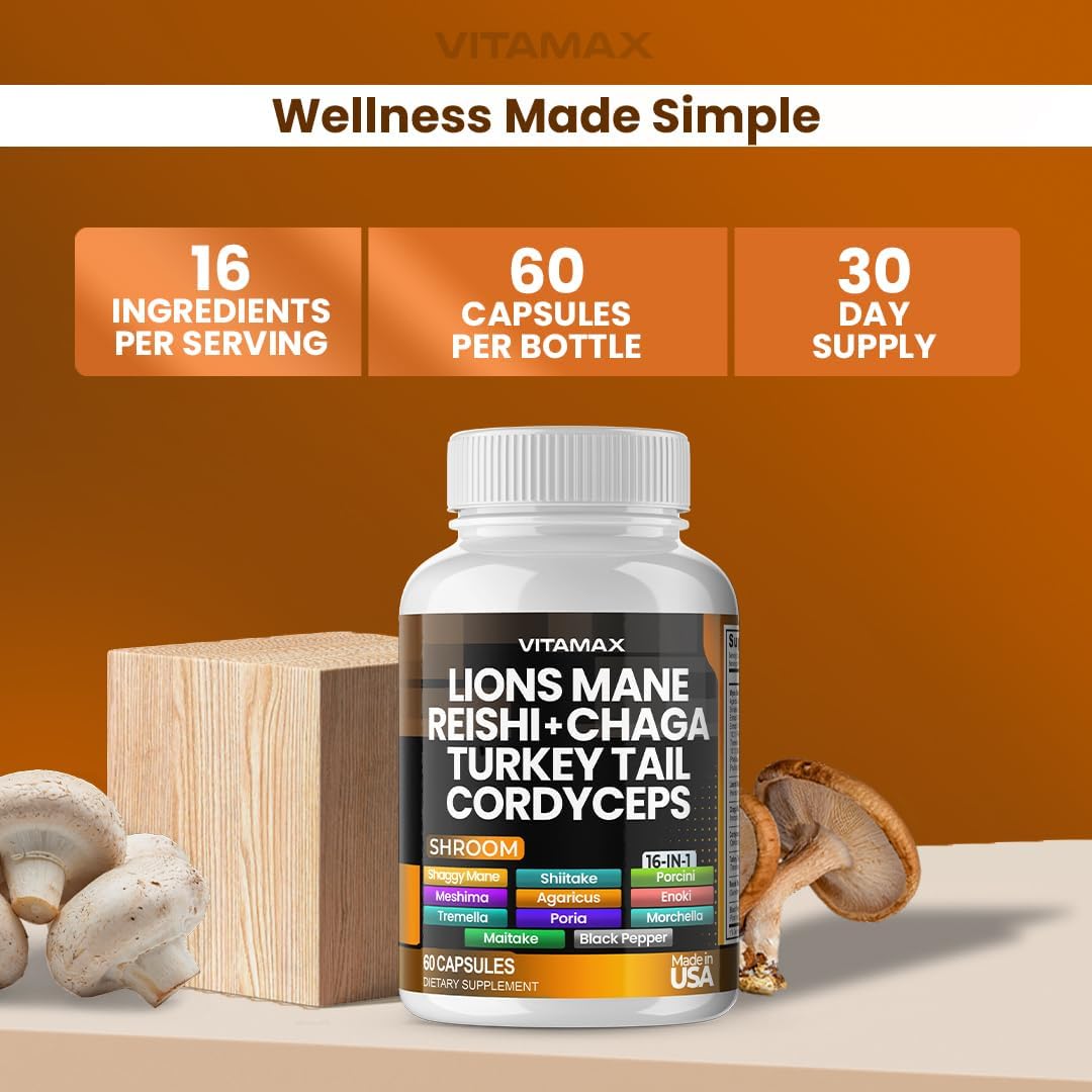 Vitamax Lions Mane Mushroom, Turkey Tail, Chaga & Reishi, Cordyceps Shiitake White Elm King Trumpet Nameko Oyster Porcini Focus & Energy - Made in USA