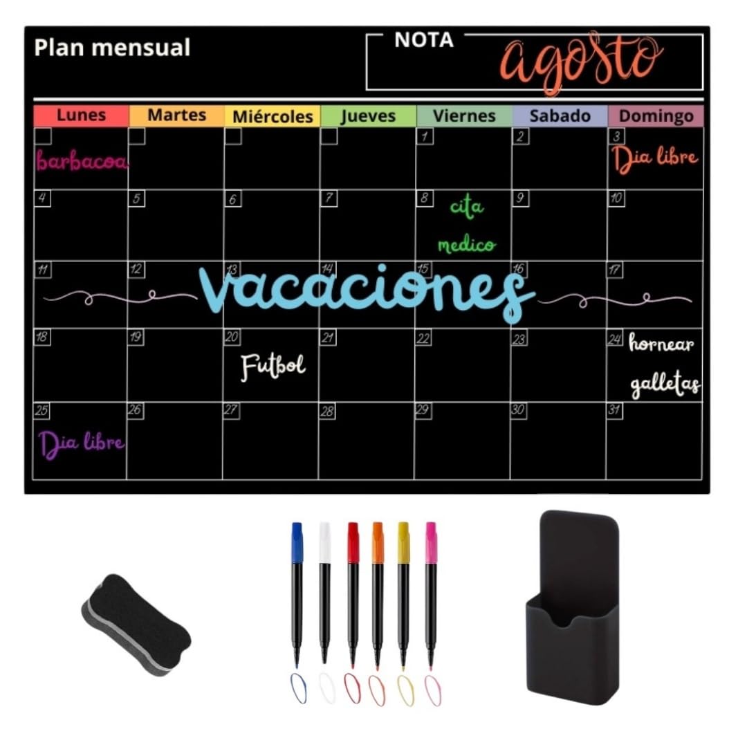 Calendario Magnetico Nevera, Planificador Mensual - Pizarra Magnetica con 5 Rotuladores y borrador, Borrado facil.
