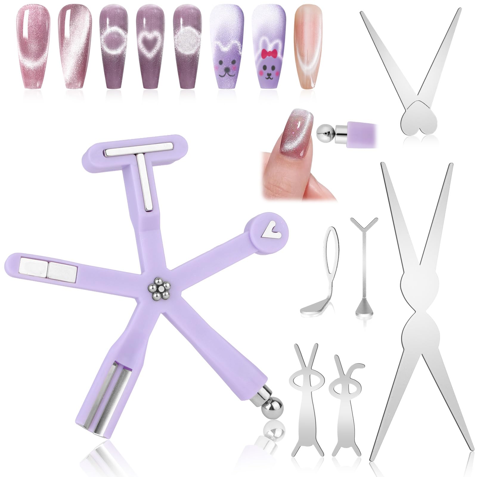 7 Pièces Aimant Cat Eyes Ongles Ensemble, 8 in 1 Aimant Ongle, Cat Eye Magnet, Cat Eye Magnet, Outils de Nail Art DIY, Stylos Magnétiques Cylindriques avec Lapin et Cœur