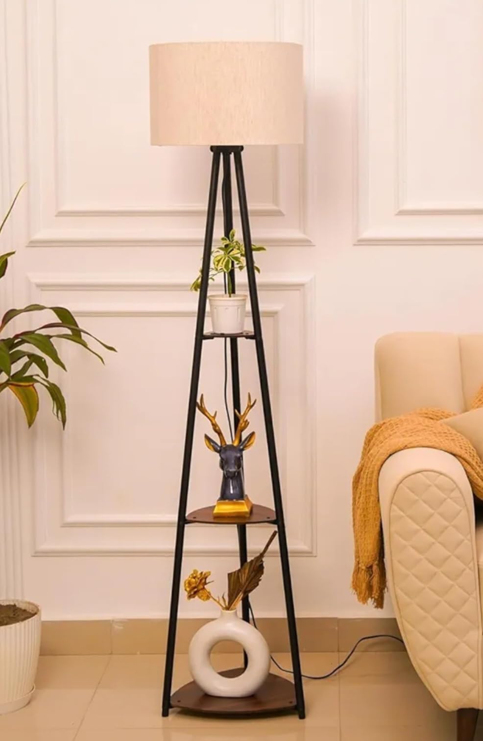 SECURE DECOR Tripod Floor Lamp with 3 Shelves, Cotton White, Metal Corner Floor Lamp for Living Room & Bedroom Decoration-picture-10