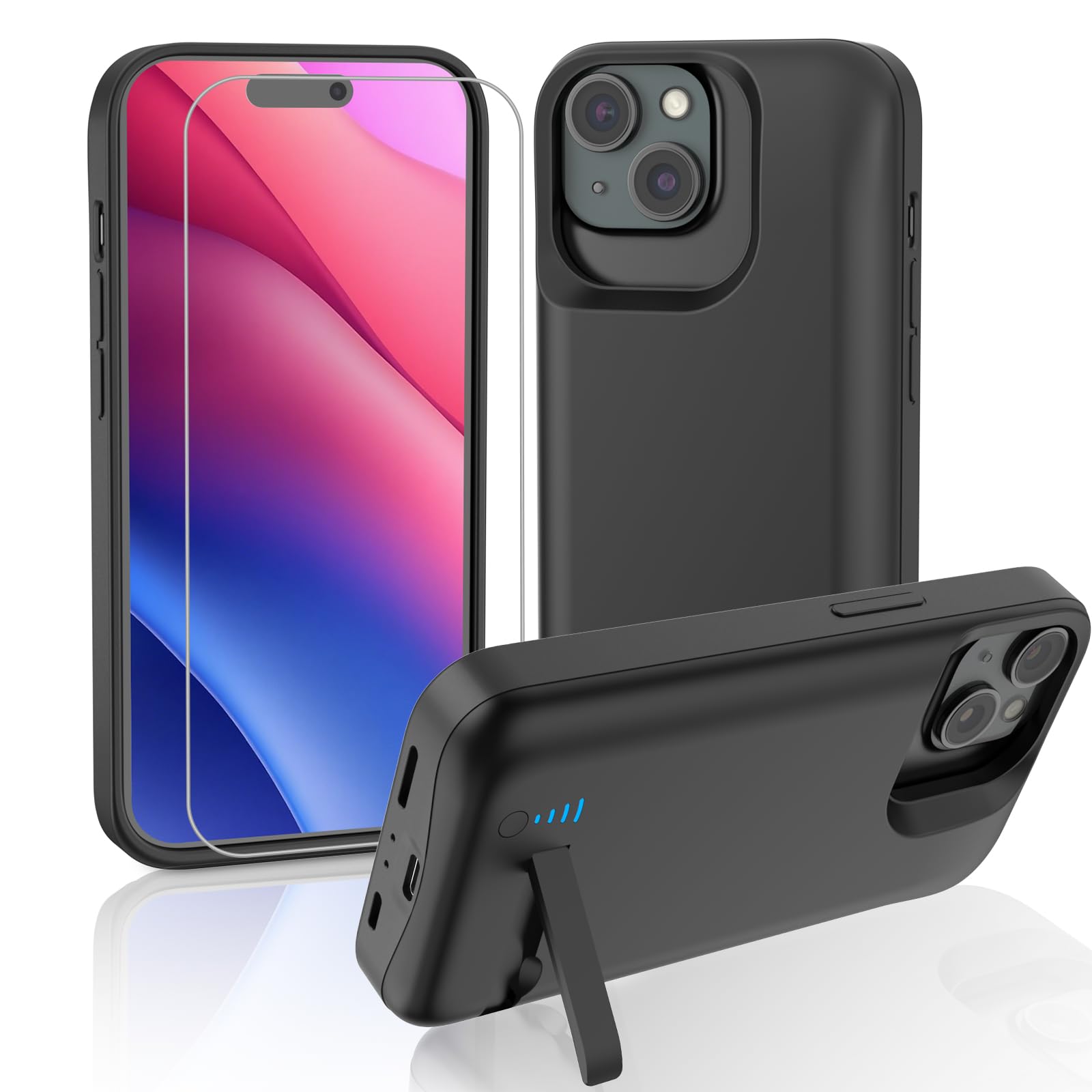 Etui na baterię do iPhone 15, prawdziwe 8500 mAh, wąskie, ładowalne, rozszerzona ładowarka, etui do ładowania ze stojakiem, przenośny powerbank ochronny do iPhone 15, 6,1 cala – czarne