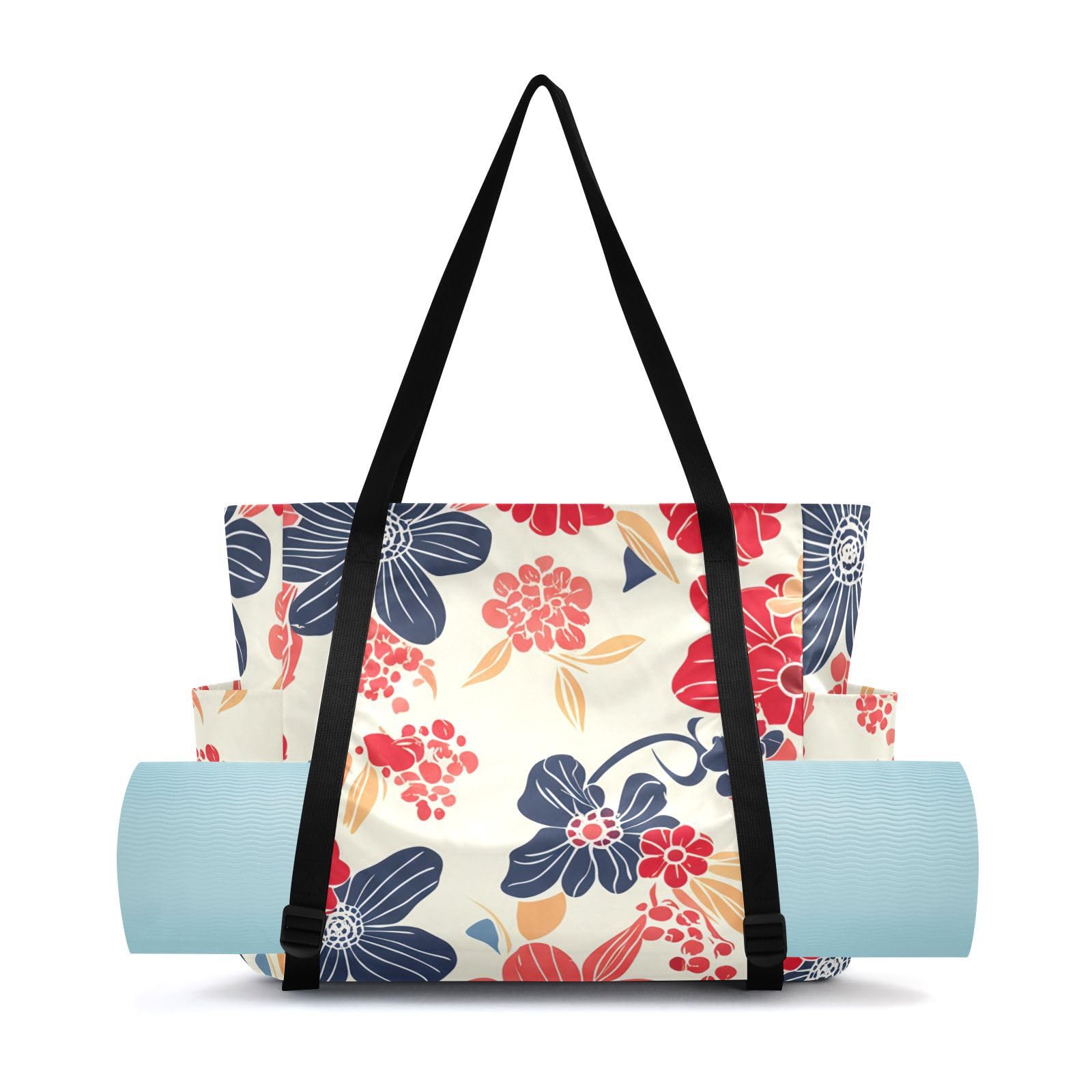 Lxqimora Colorfulflowers Fresh Beige Yoga Mat Bag for Women Water-Resistant Gym Bag with Yoga Mat Holder Tote Bag for Pilates Yoga Office Gym