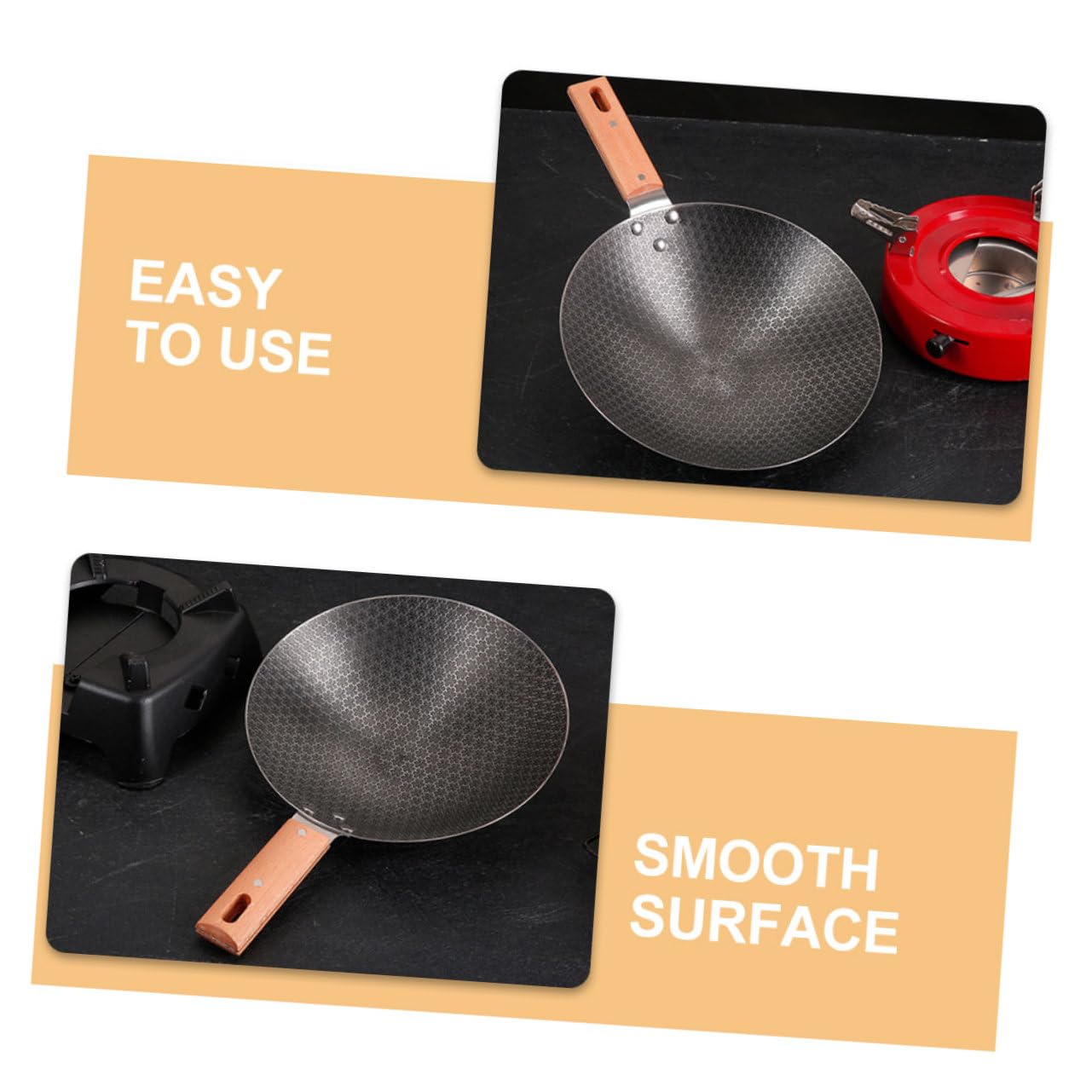 Padella Wok in con Manico in Legno Antiaderente e Resistente al per e Bbq per Saltare Friggere e Cuocere al Vapore