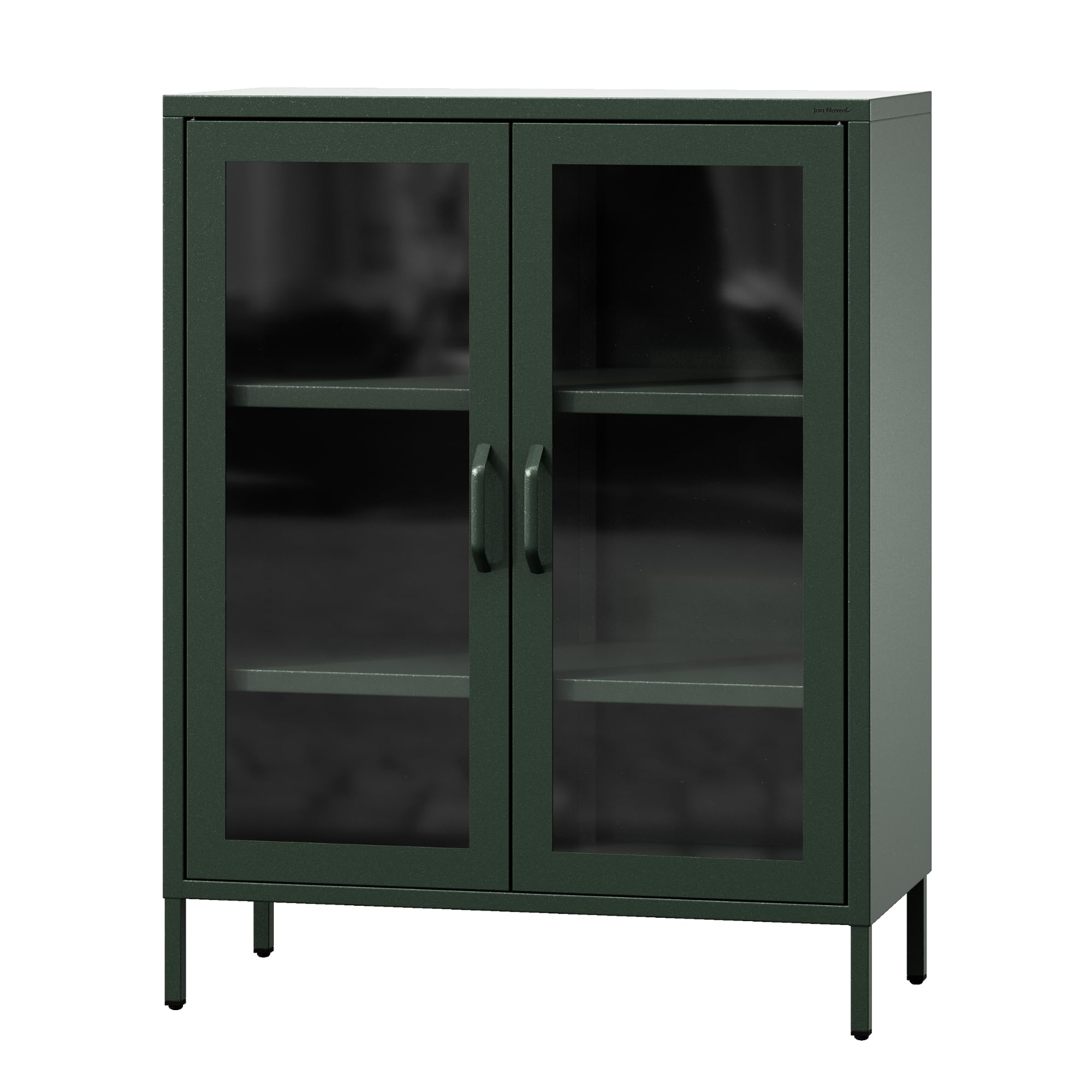 Jan Nowak 2-türiger Vitrinenschrank - GINA - 2 verstellbare Ablagen, Gehärtetes Glas, Wandmontage - Glasvitrine Stehend, Vitrine Glas, Wohmzimmerschrank Glitzernd - 80 x 101,5 x 40 cm - Flaschengrün