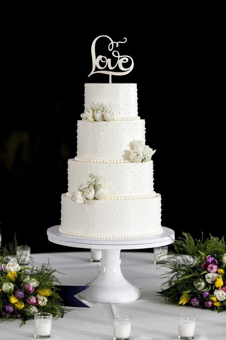 Gorgeous Love Cake Topper Anniversary Party Decorations Classical Sliver Wedding Cake Topper for Wedding/Bridal Shower Party Supplies