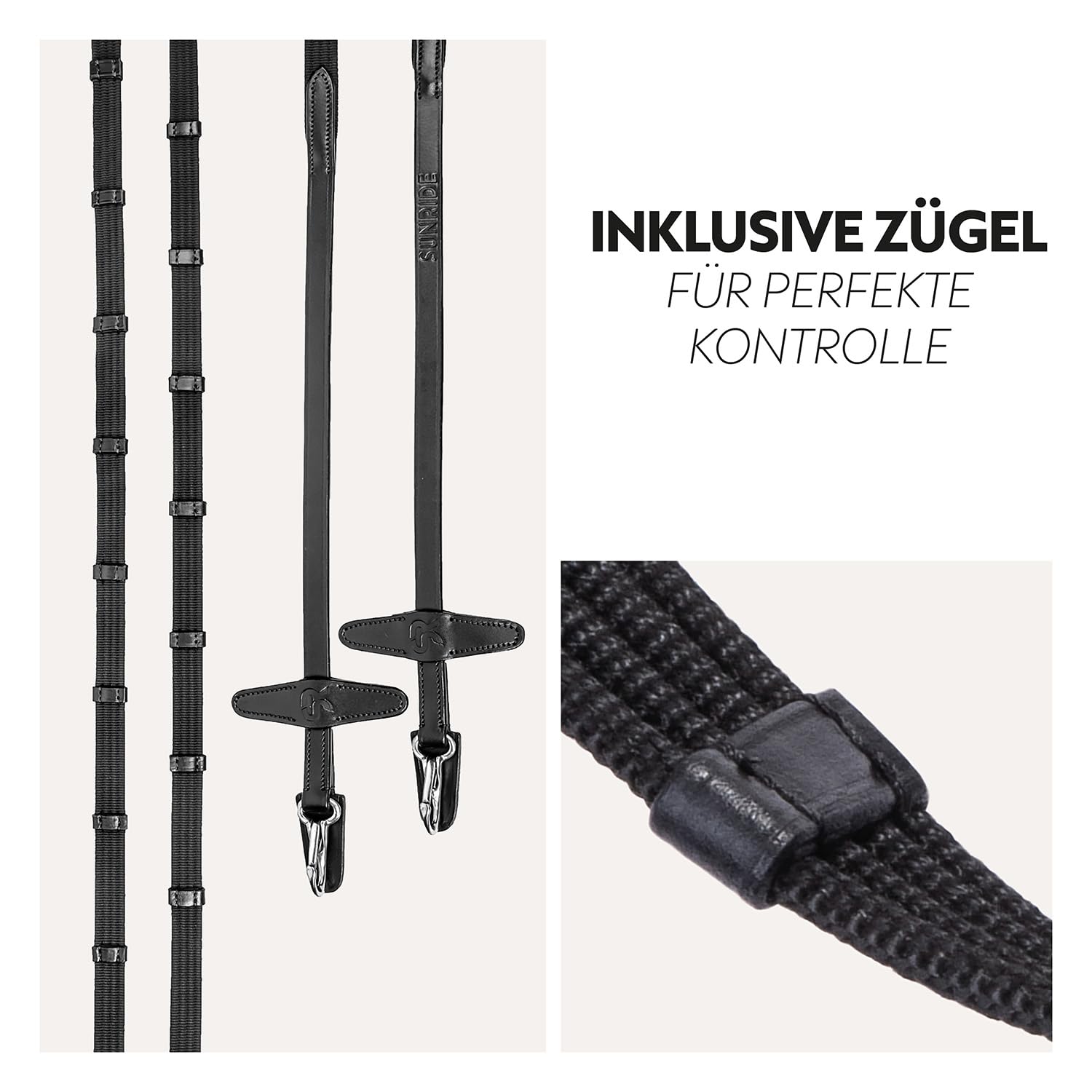 SUNRIDE Englisch kombinierte Trense für Pferde mit Zügeln weiches Echtleder extra Polsterung anatomisch verstellbar Click&Ride handgefertigt rostfrei schwarz Cob