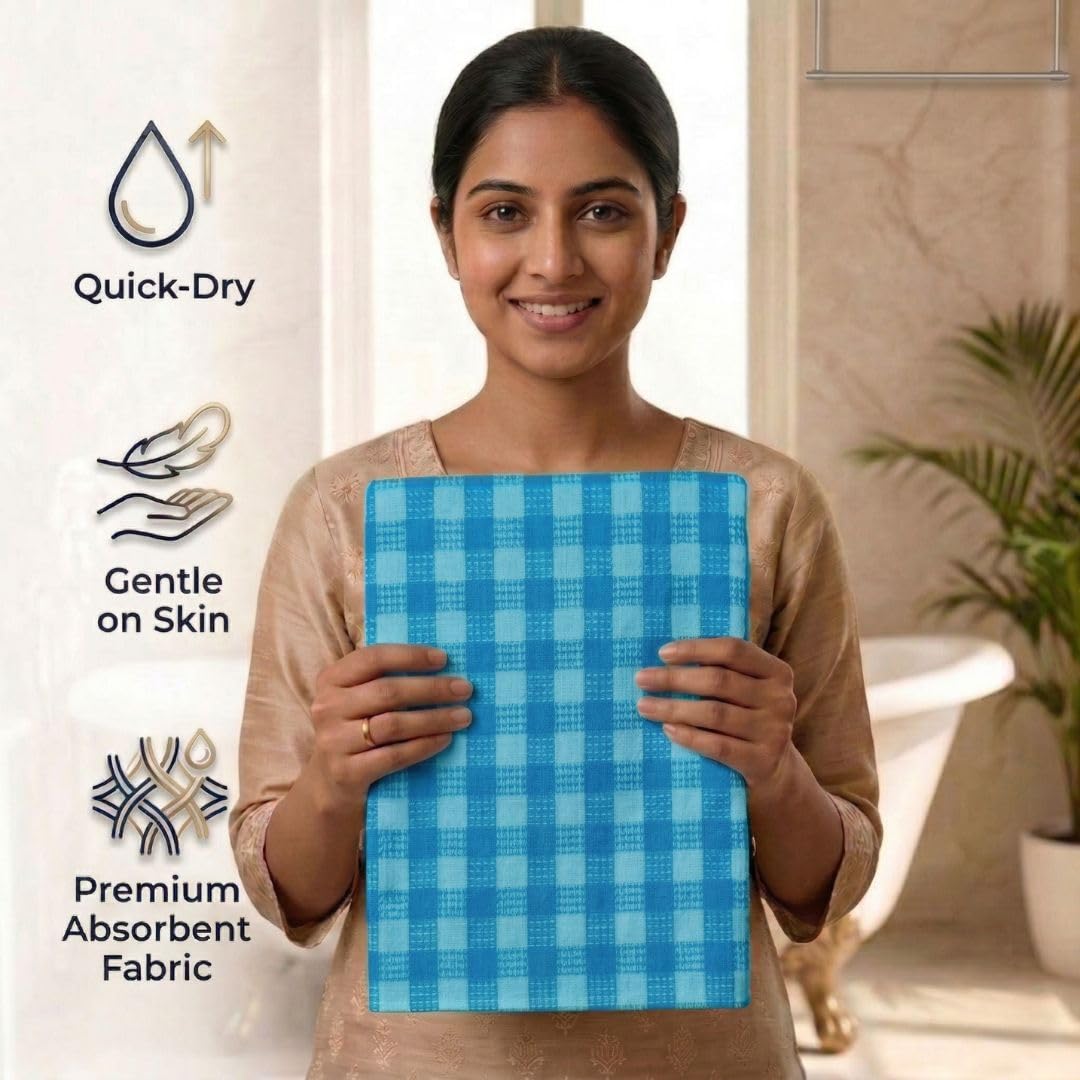 Athom Living Premium Cotton Bath Towel – Lightweight, Quick-Dry & Highly Absorbent, Soft Blue Check Design, Comfortable Everyday Use, Durable & Stylish | 75x150 cm, Pack of 1 3