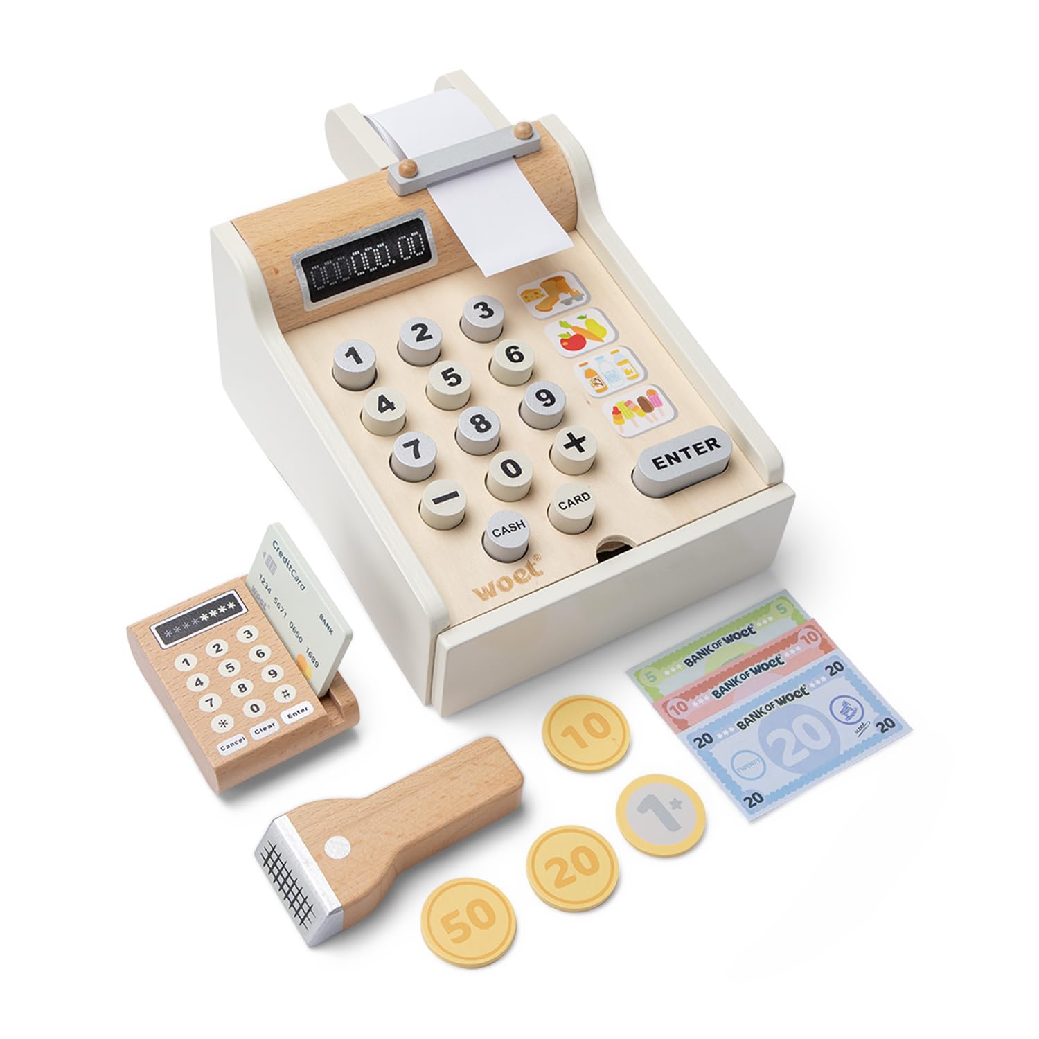Woet® Caisse enregistreuse Jouet Blanc en Bois pour Enfants - Jouet Marchande avec Scanner et Lecteur de Carte - Set de Caisse d’Imitation - À Partir de 3 Ans