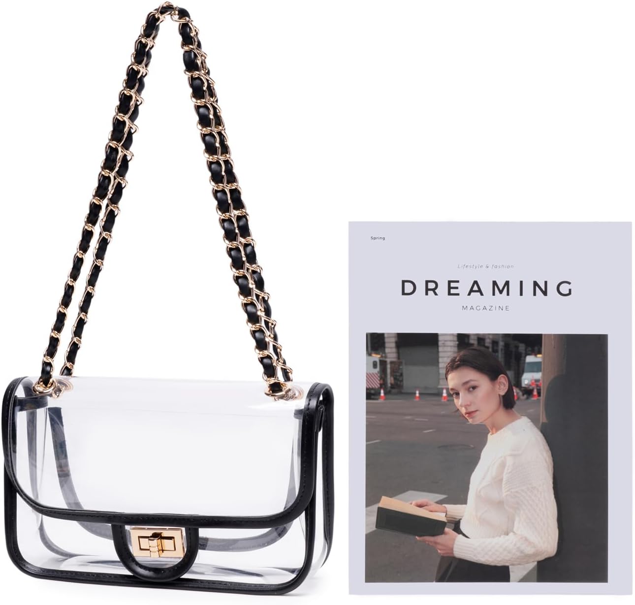 Womens PVC Clear Purse Handbag with Chain Stadium Approved Clear Bag See Through Bag for Working and Concert