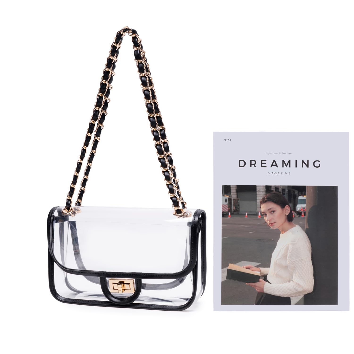 Transparente PVC-Handtasche für Damen, mit Kette, Stadion-zugelassen, durchsichtige Tasche, durchsichtig