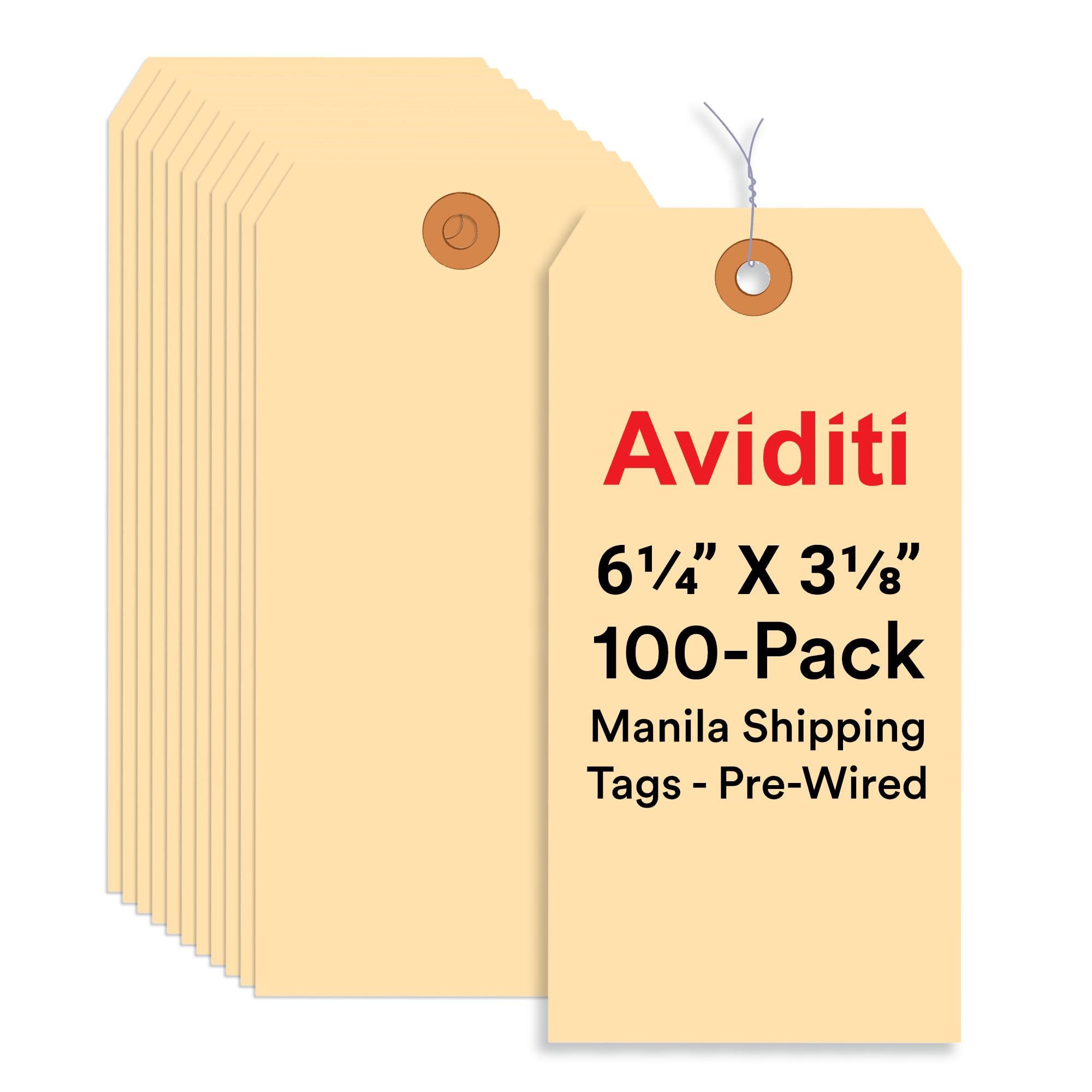 AVIDITI Pre-Wired 6 ¼” x 3 ?” Manila Shipping Tags (100-Pack) | Paper Hang Tags Made from Durable 13pt. Cardstock with a Reinforced Eyelet