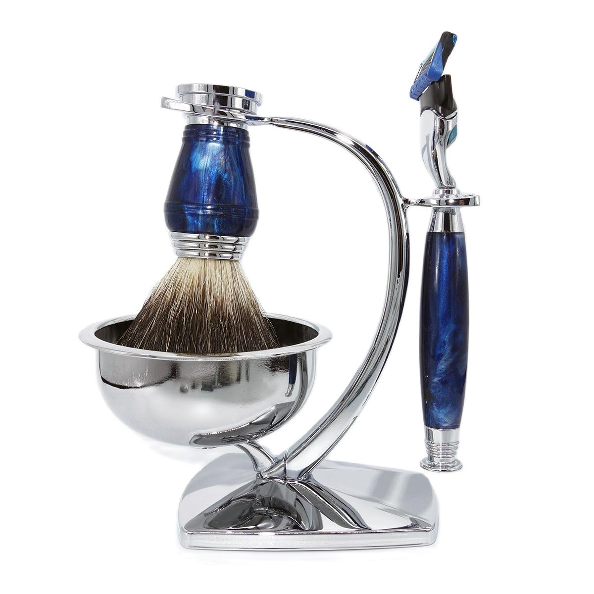 Juego de aseo de lujo para hombre, 5 cuchillas, compatible con maquinilla de afeitar, 100% pelo de tejón, cepillo de afeitar con mango marfil y base de soporte para jabón, diseño elegante,