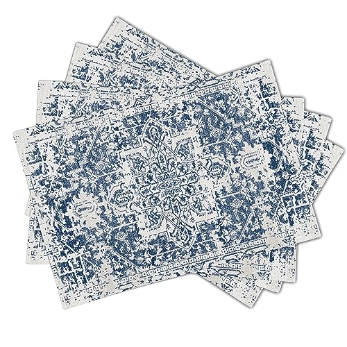 Image of Navy Blue Gray Boho Placemats Set of 4 Ethnic Bohemian Carpet Place Mats Washable Kitchen Dining Vintage Grey Geography Floral Linen Table Mats Stain Heat-Resistant for Home Party Indoor 12x18 in