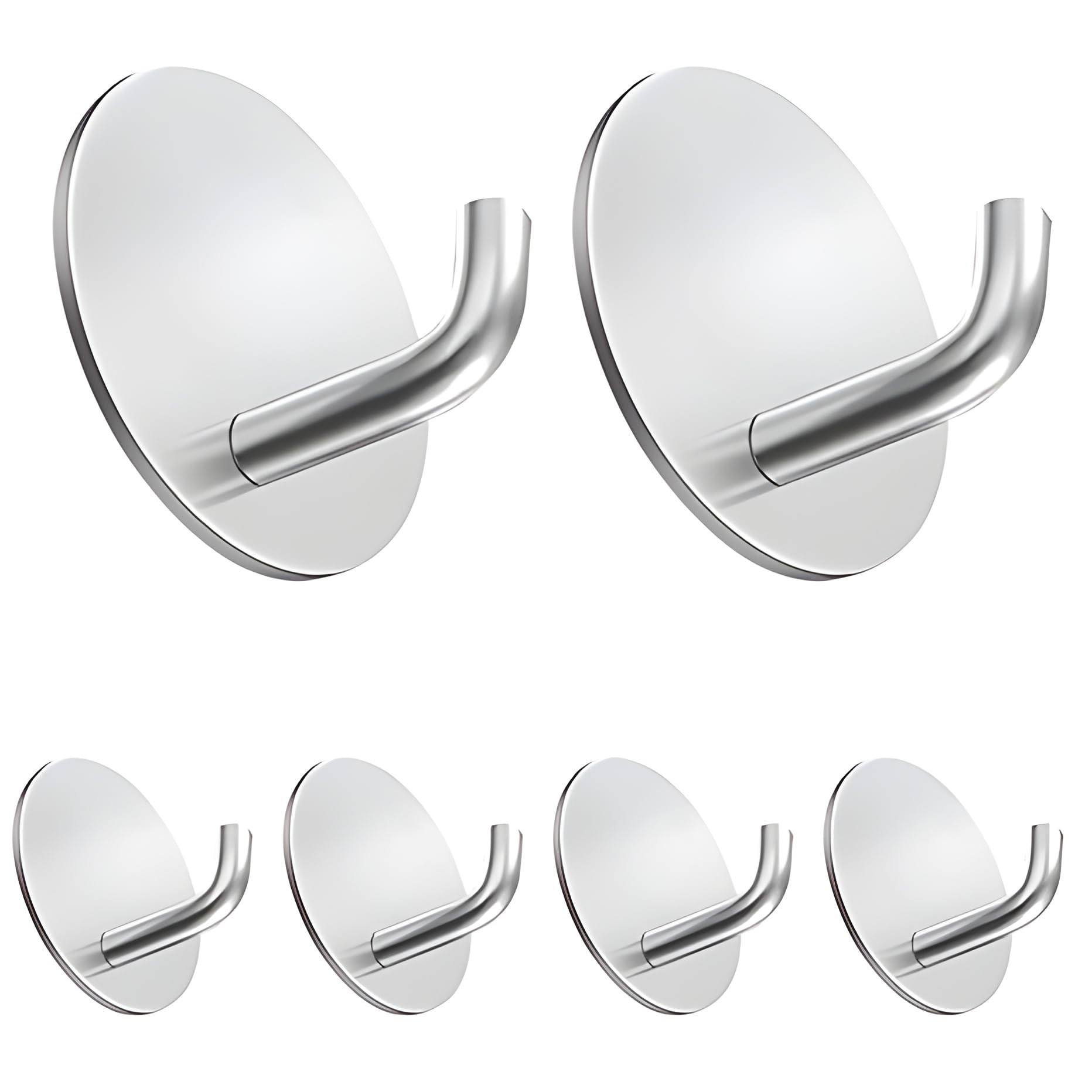 JIALTO 6 Pcs Self-Adhesive Stainless Steel Hooks: Heavy-Duty, Waterproof Wall Hangers for Bathroom and Kitchen - Strong Hold for Coats, Towels, and More, No Drilling Needed (J Round Silver)