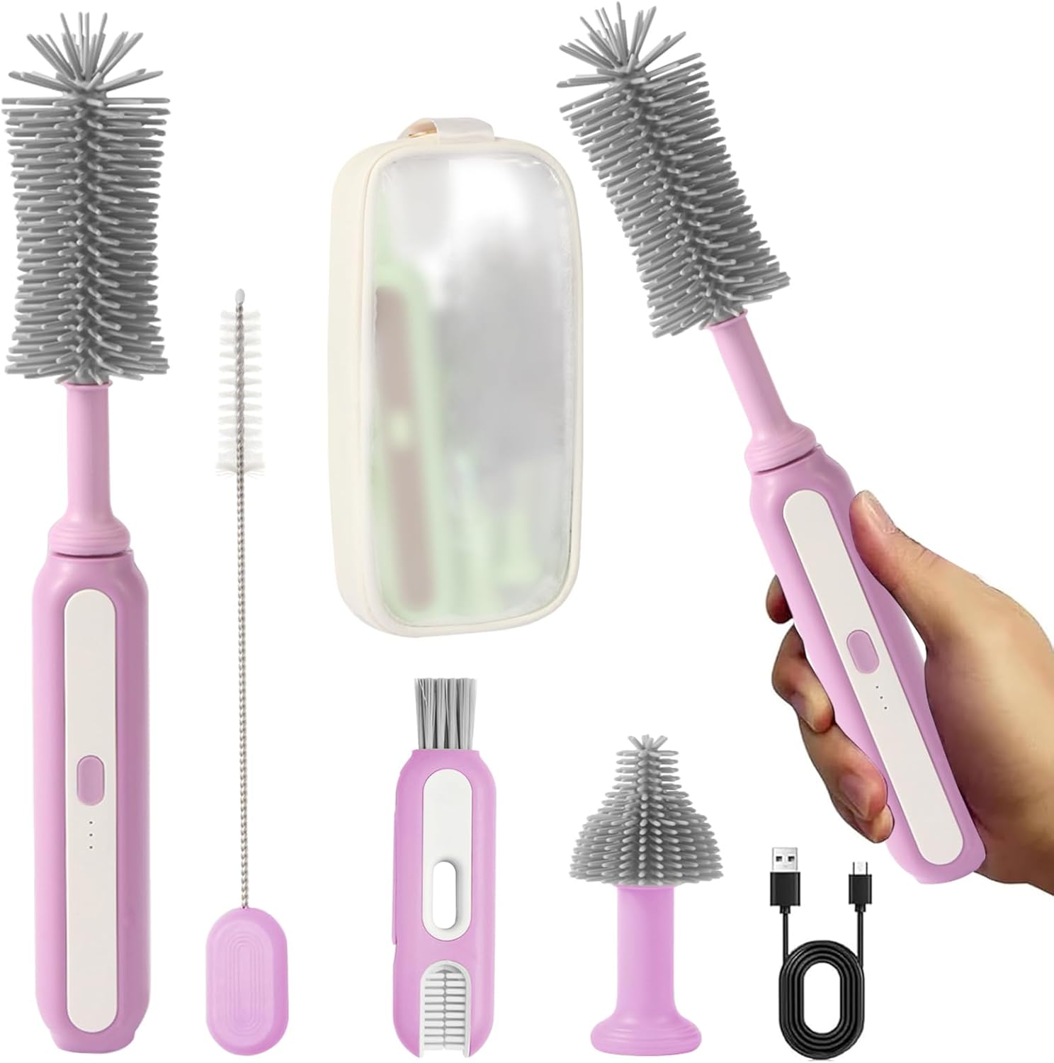 Electric Baby Bottle Brush Cleaner, 5-in-1 Travel Kit with Storage Bag, Food-Grade Silicone, Long Battery Life, Portable Baby Bottle Cleaner Brush Set, Ideal Gift for Parents & Babies (Purple)