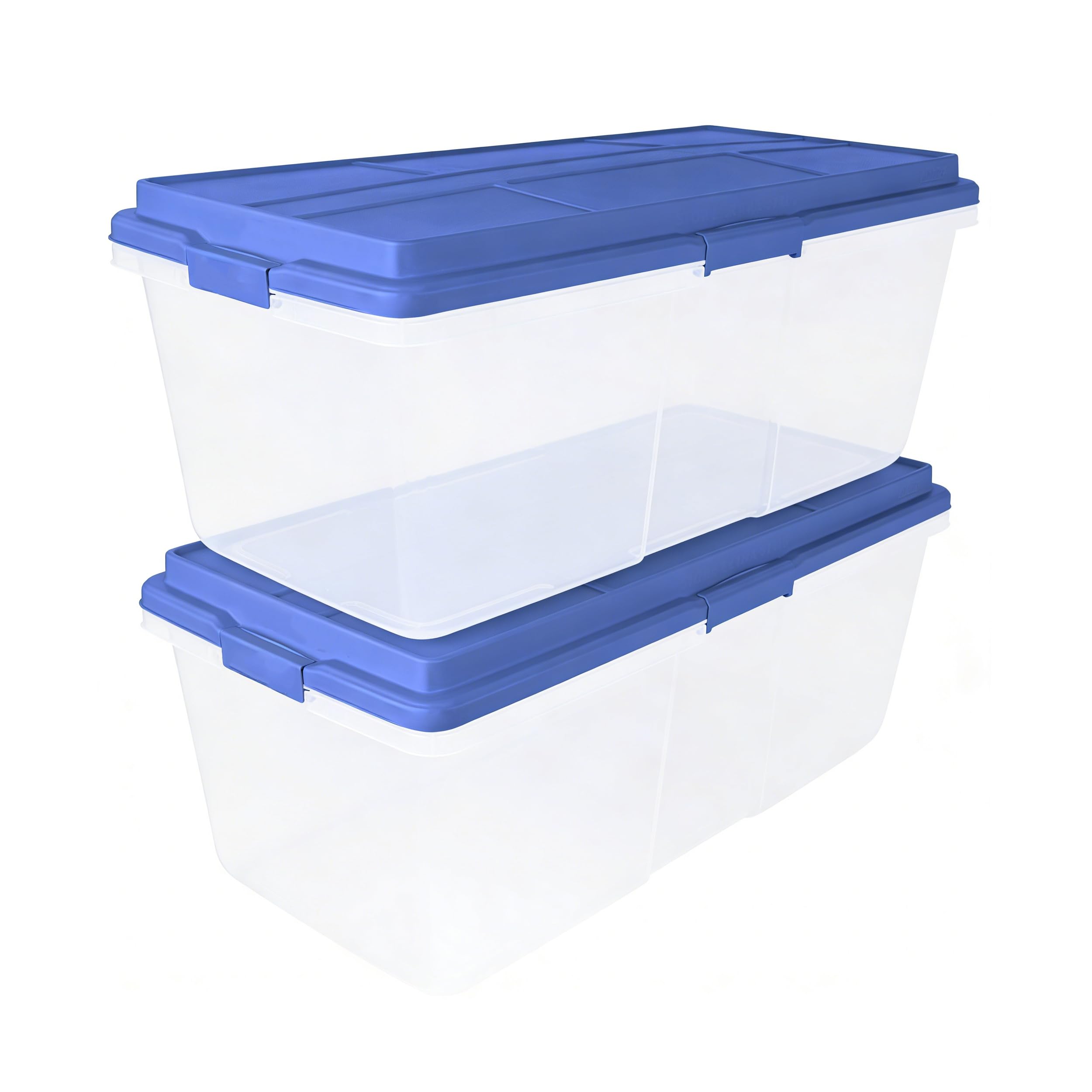 2 Pack 113 Quart Clear Plastic Storage Bins, Stackable with Locking Latches & Smoke Blue Lid, Dust-Resistant Organizer for Garage, Home, Office, Attic, Store Seasonal Decor, Tools, Crafts, Blankets